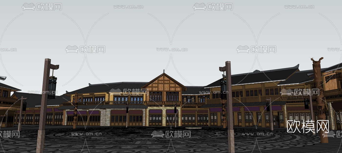 中式商业街su模型下载（渲染图2）