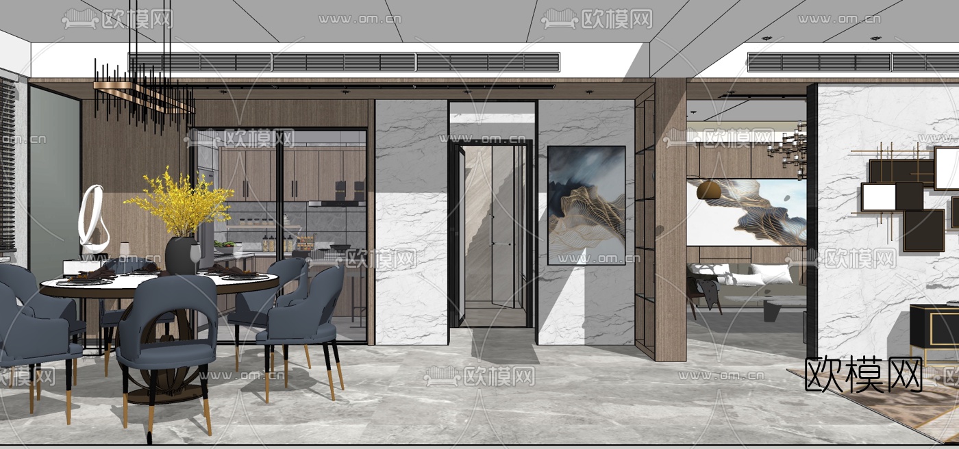 现代轻奢别墅客厅餐厅su模型下载