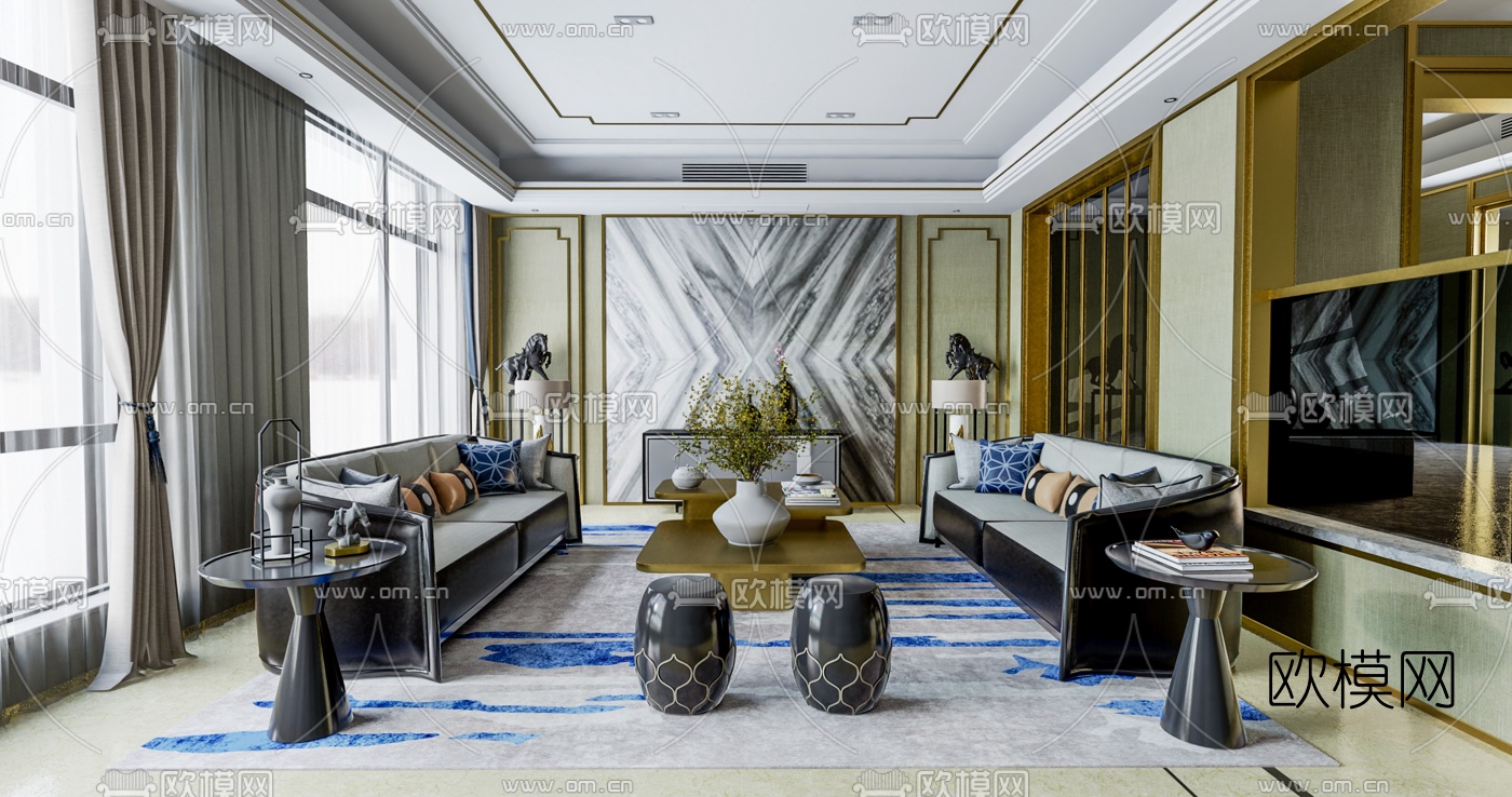 新中式客厅su模型下载