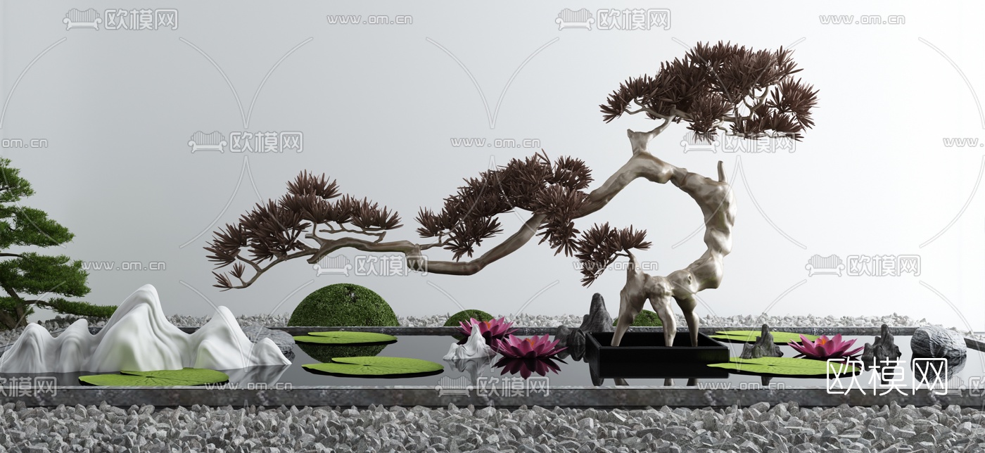 新中式松树荷花荷叶水景小品3d模型下载