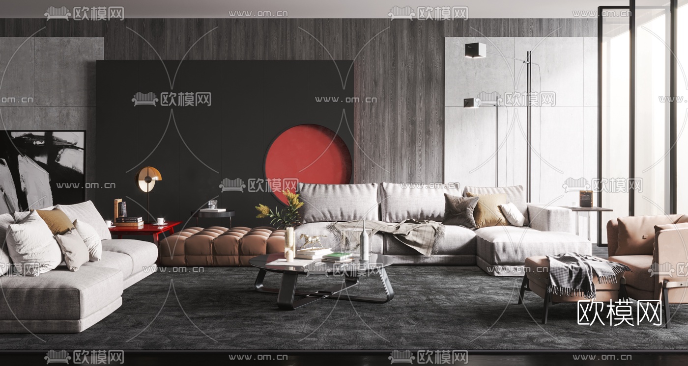 现代布艺转角沙发组合3d模型-免费3dmax模型库-欧模网