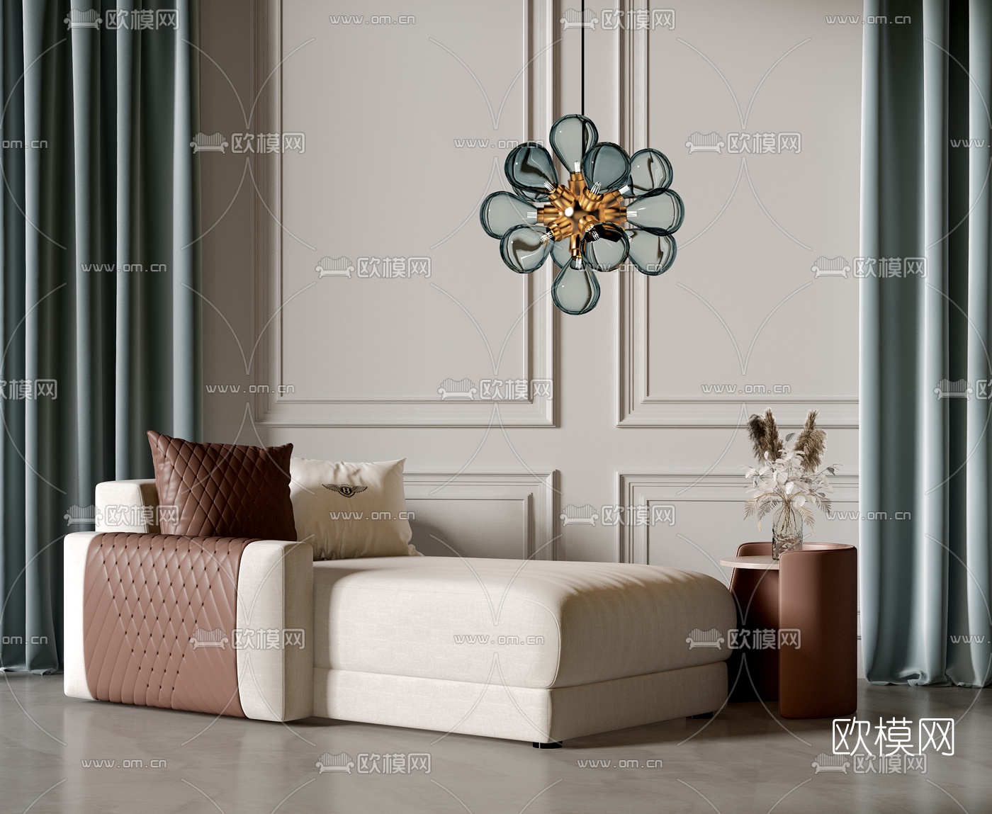 BENTLEY 现代布艺贵妃椅边几3d模型下载（渲染图1）