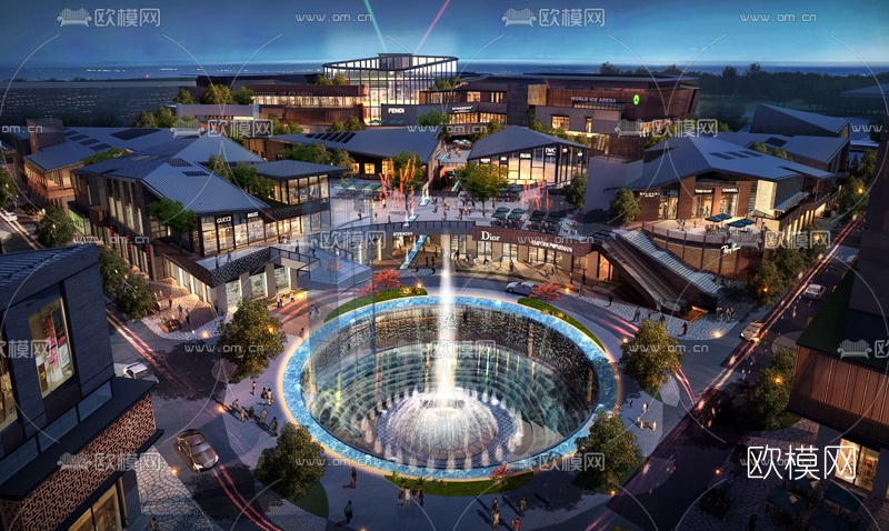现代傍晚商业街su模型下载（渲染图3）