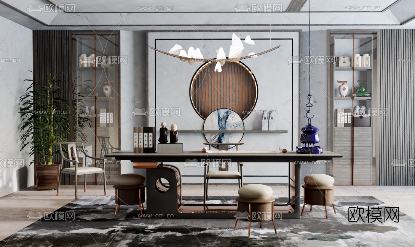 新中式书房su模型下载