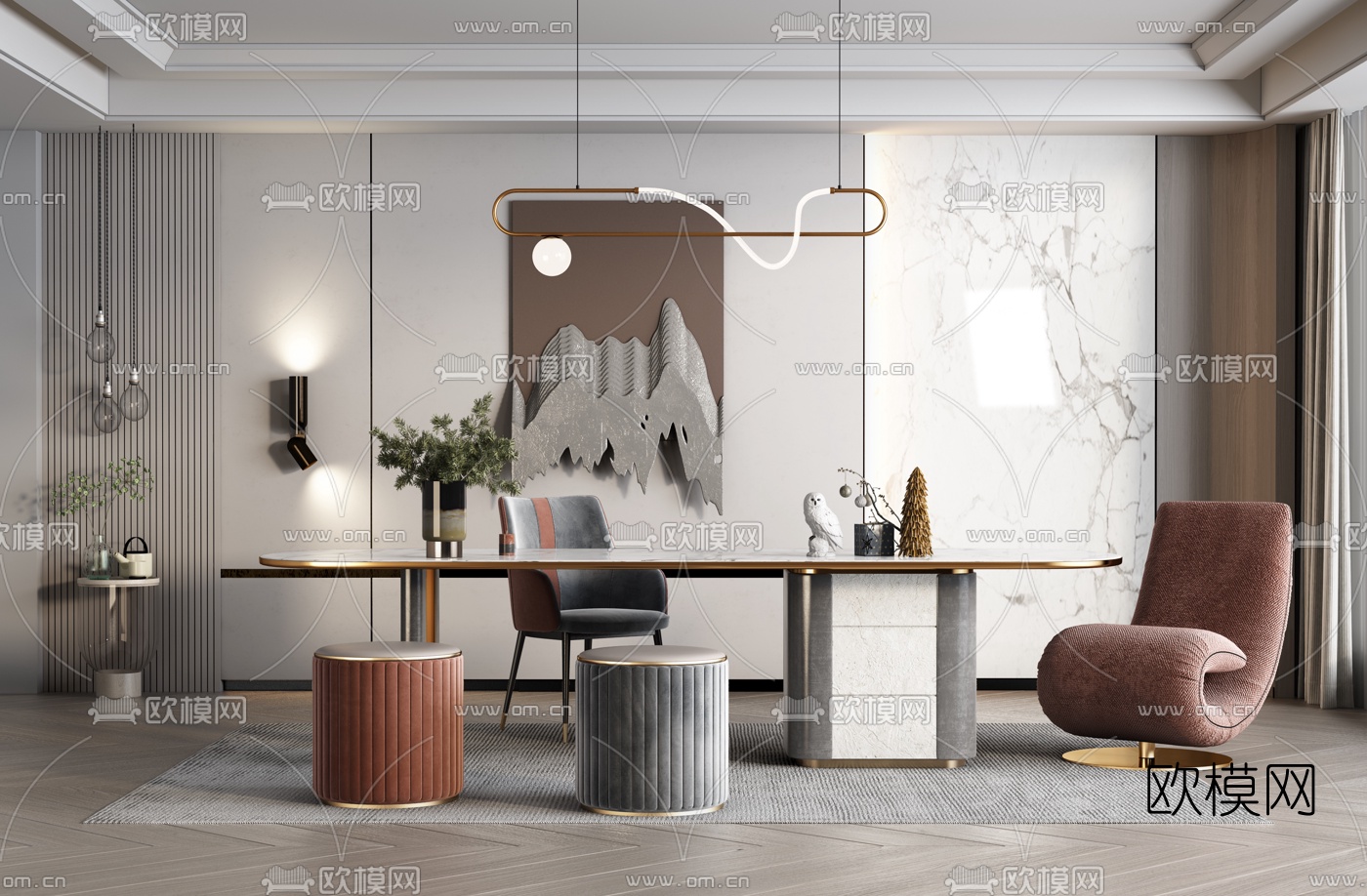 现代轻奢书桌椅3d模型下载