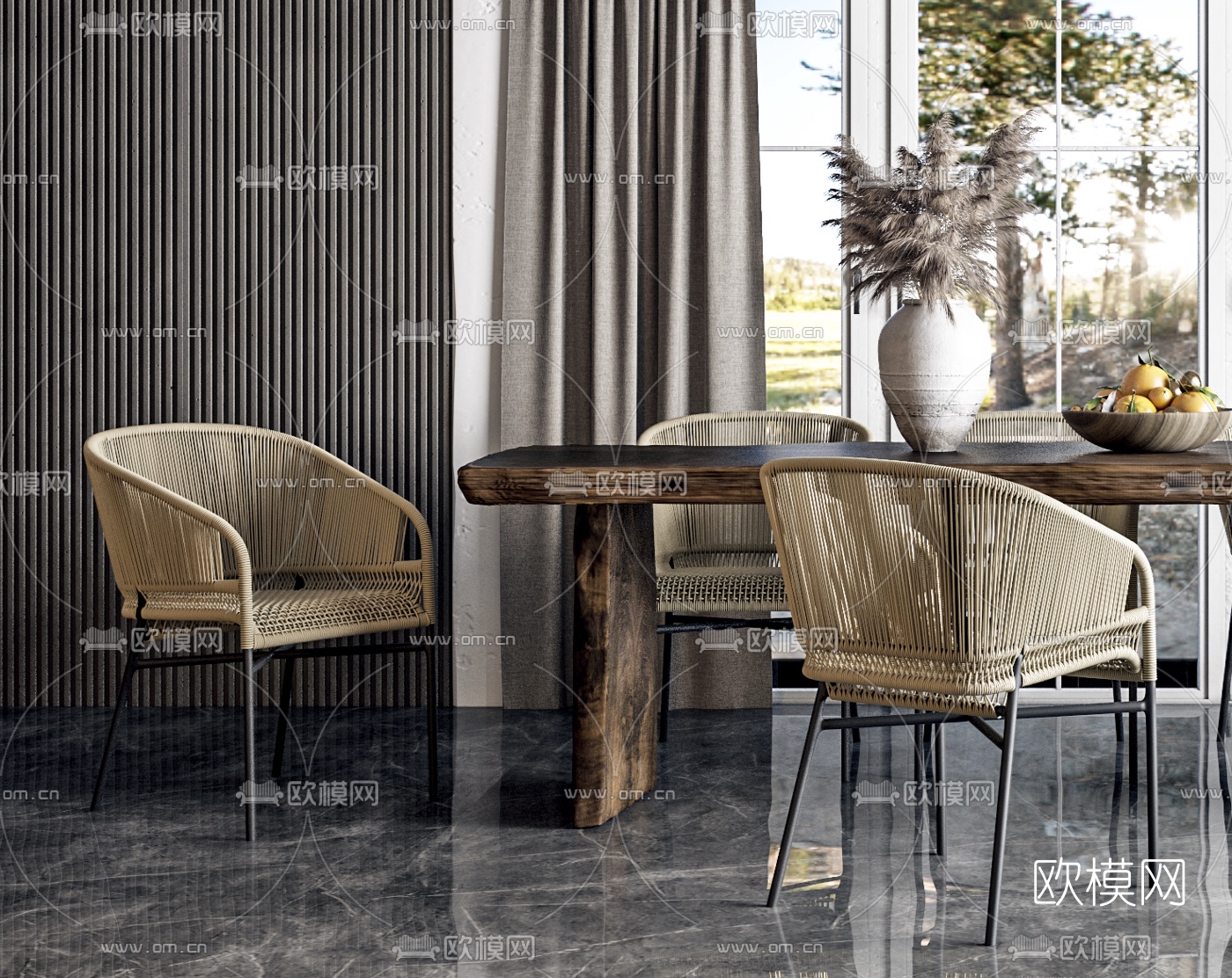 北欧原木户外餐桌椅3d模型下载（渲染图3）