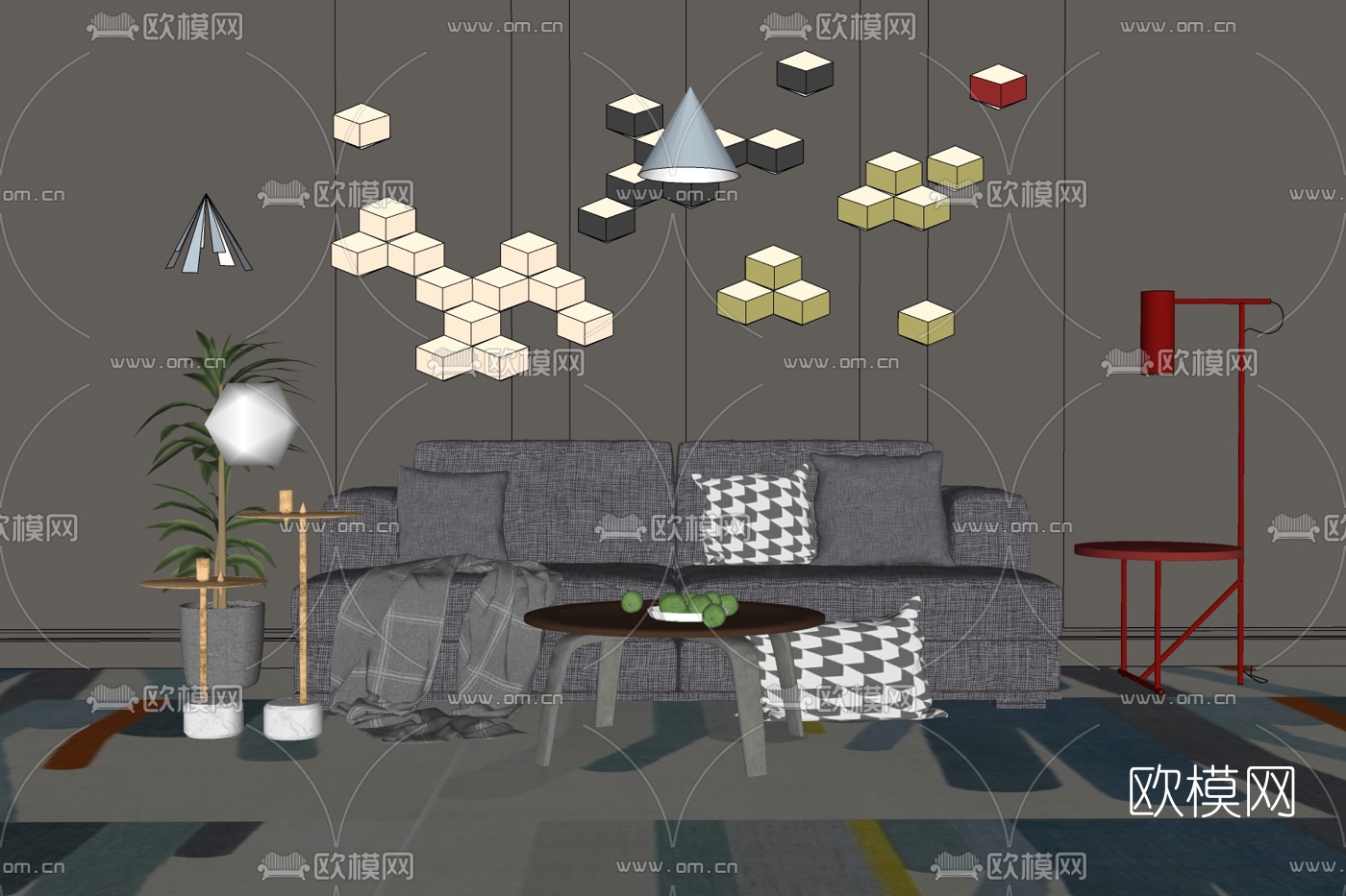 现代布艺双人沙发免费su模型下载