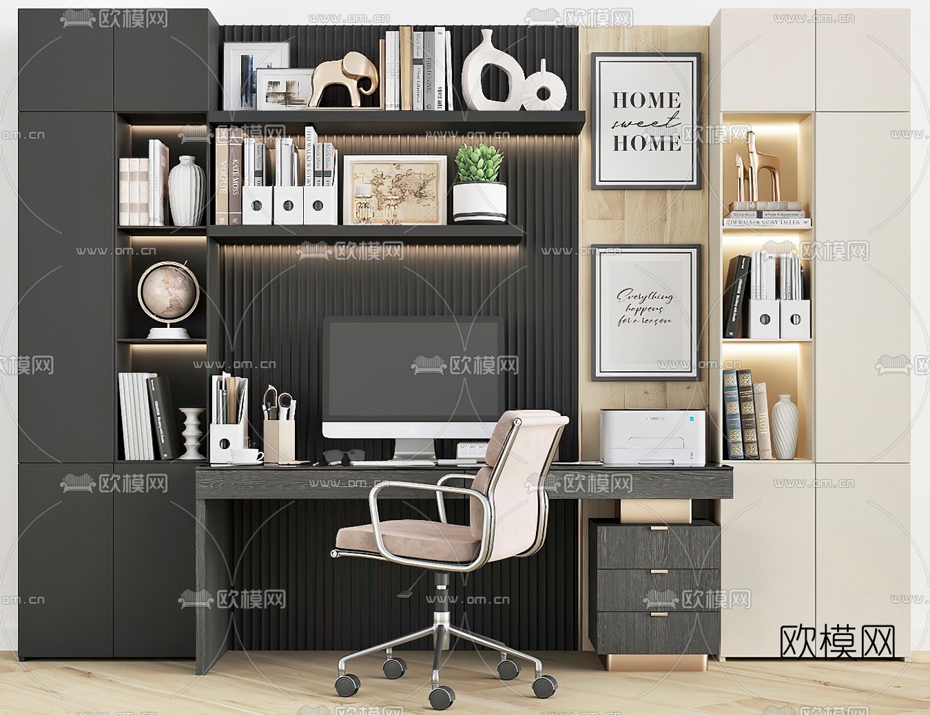 现代书桌椅书柜3d模型下载