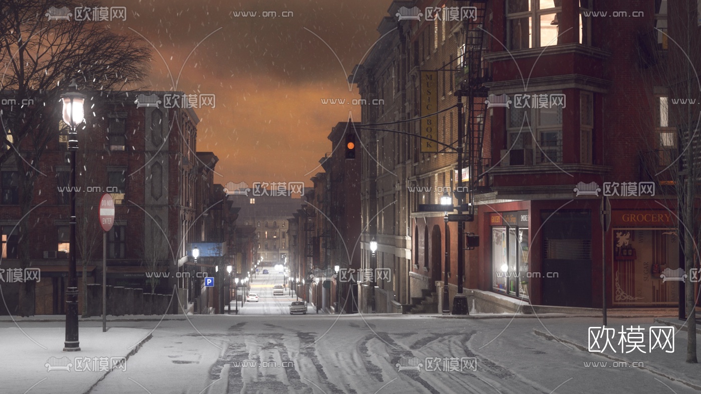 欧式街道建筑外观雪景3d模型