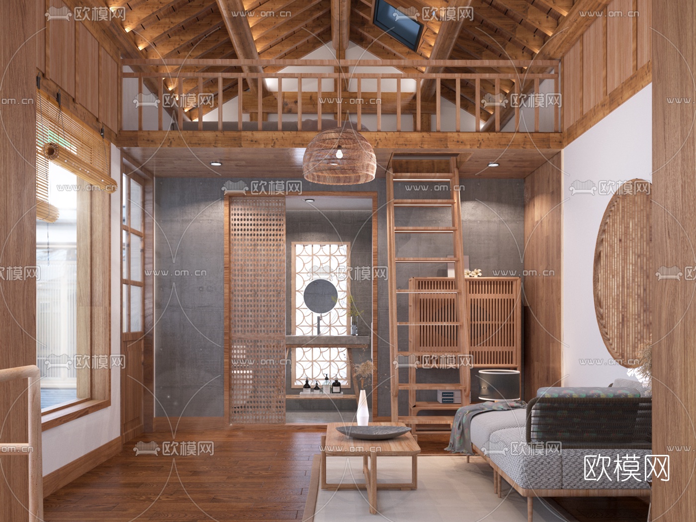 现代民宿起居室书房3d模型