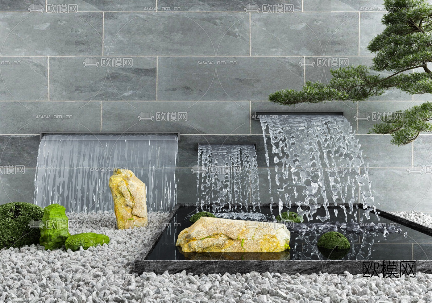 新中式流水水景小品3d模型下载