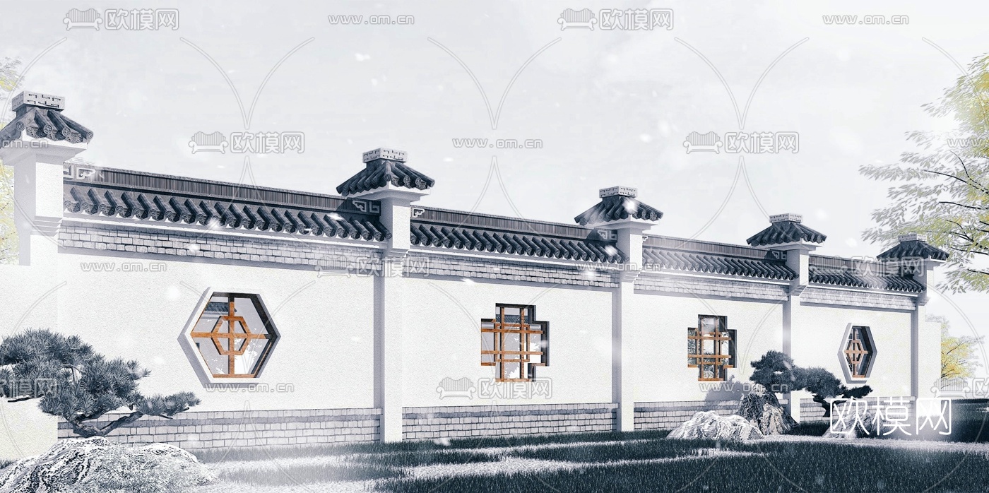 中式徽派园林围墙3d模型