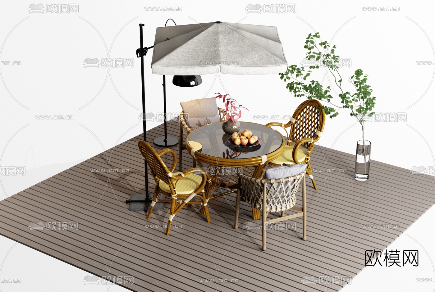 现代藤编户外桌椅3d模型下载