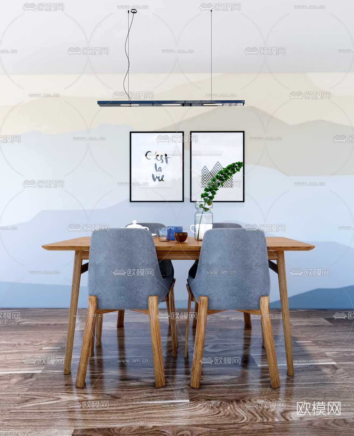 北欧实木餐桌椅su模型下载