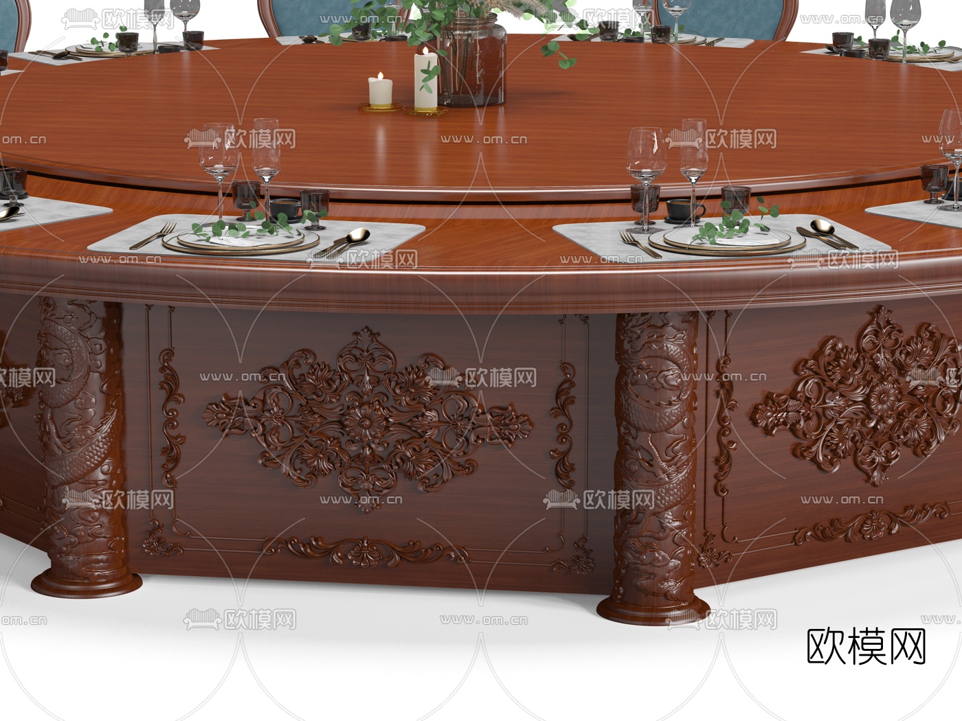 中式圆形雕花餐桌椅3d模型下载（渲染图4）