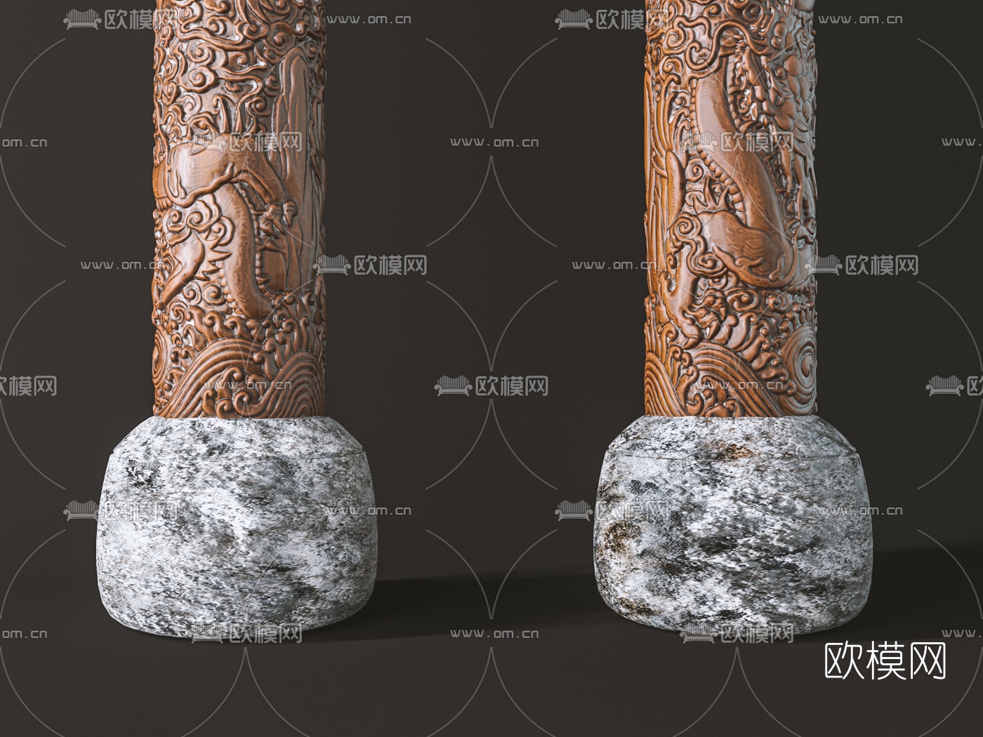 中式雕花盘龙柱3d模型下载（渲染图2）