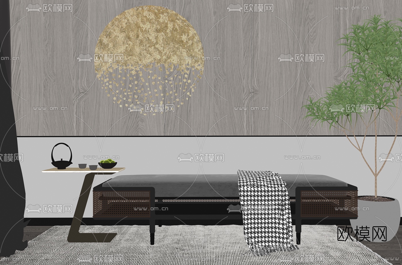 现代床尾凳脚踏su模型下载（渲染图2）