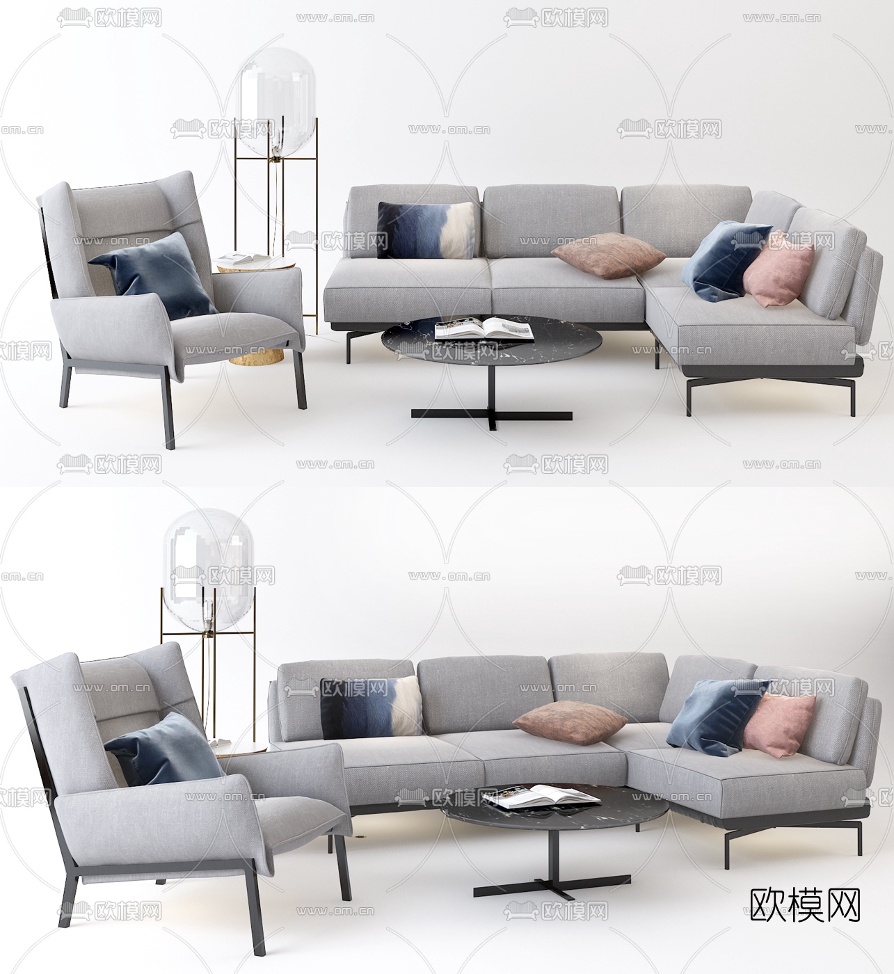 现代布艺沙发组合3d模型-免费3dmax模型库-欧模网