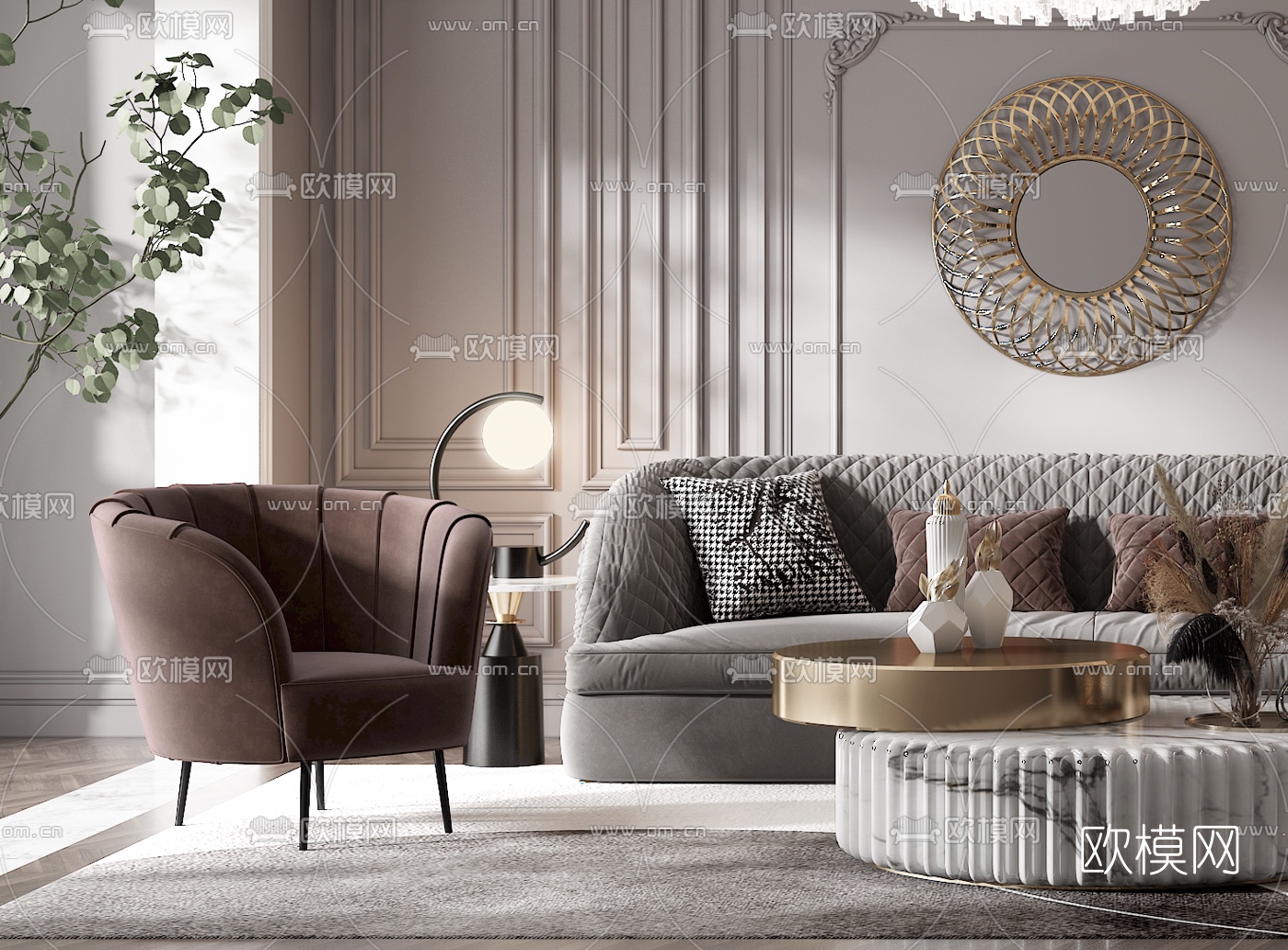 简欧布艺沙发组合3d模型下载（渲染图2）