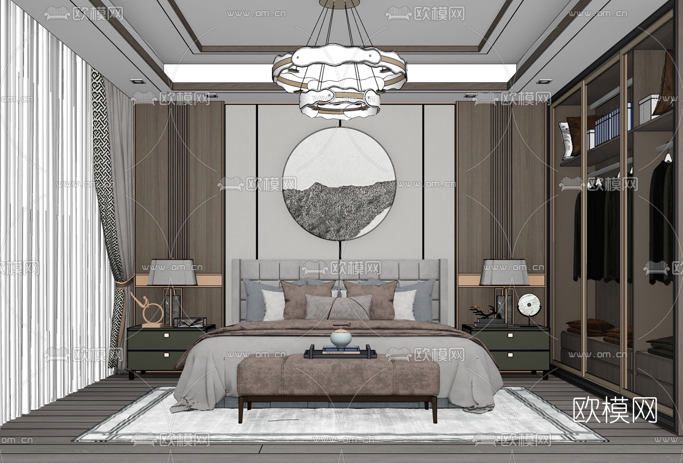 新中式主人房卧室su模型下载（渲染图2）