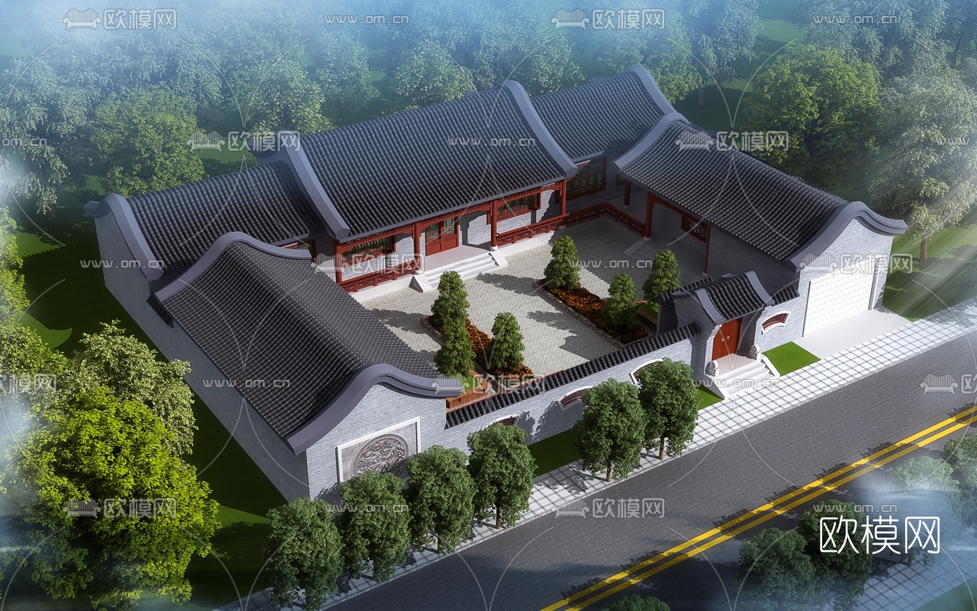 中式古建四合院鸟瞰3d模型-3dmax模型免费下载-欧模网