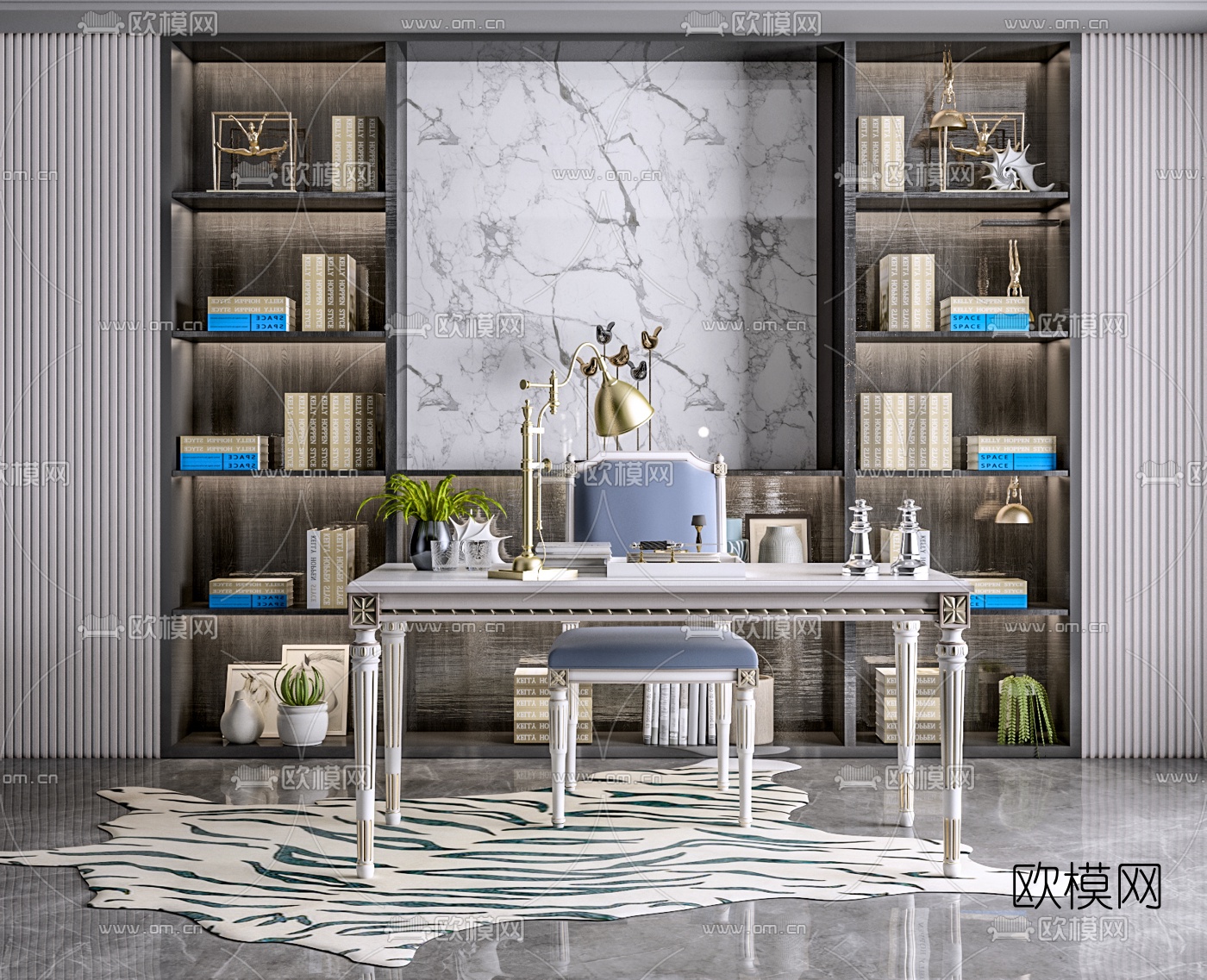 简欧书桌椅3d模型下载（渲染图1）