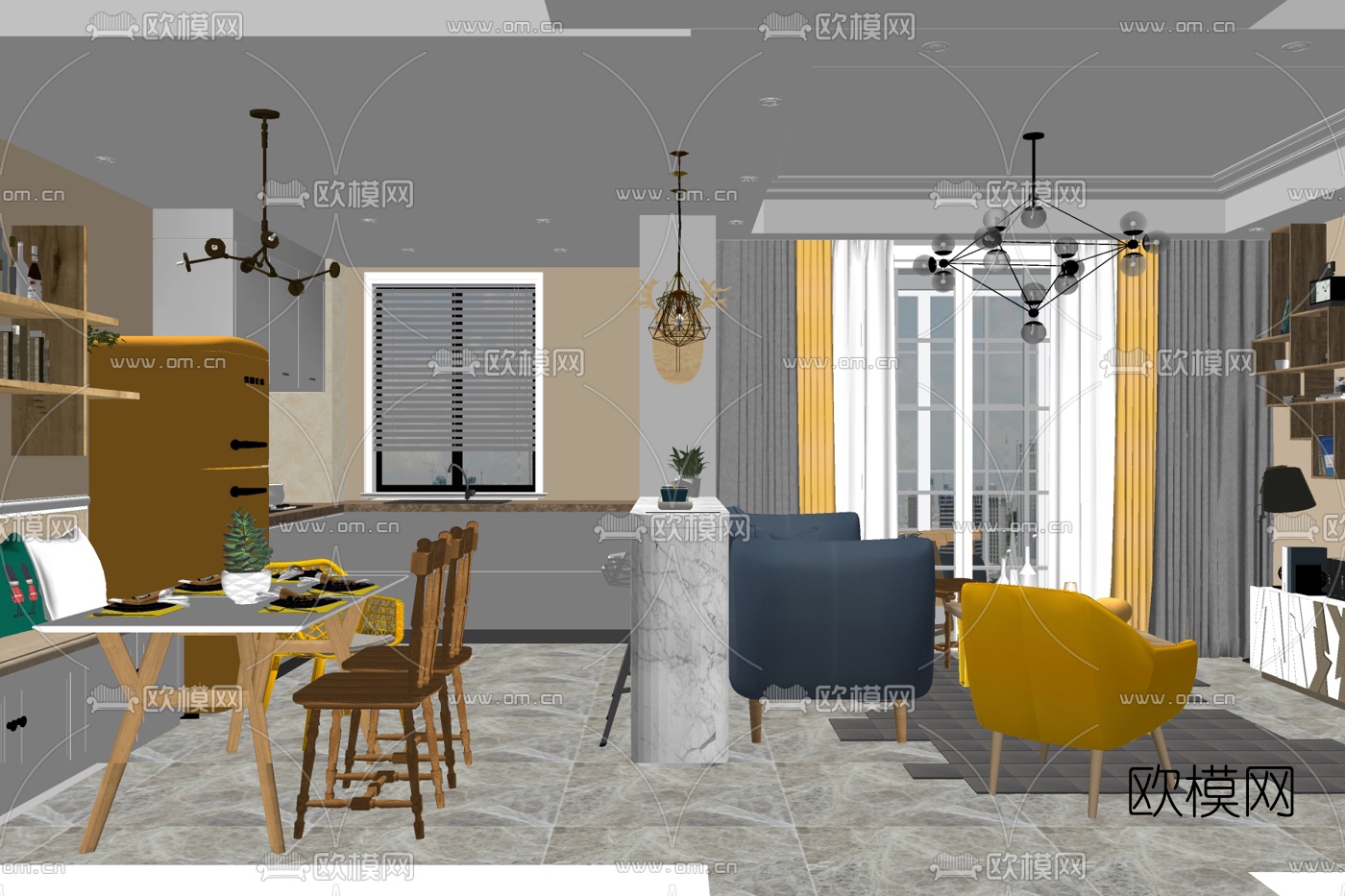 北欧简约客厅su模型下载