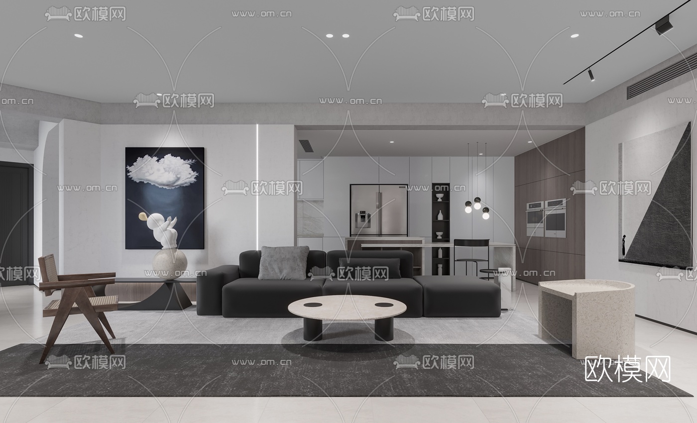现代高级灰客厅餐厅书房3d模型下载（渲染图1）