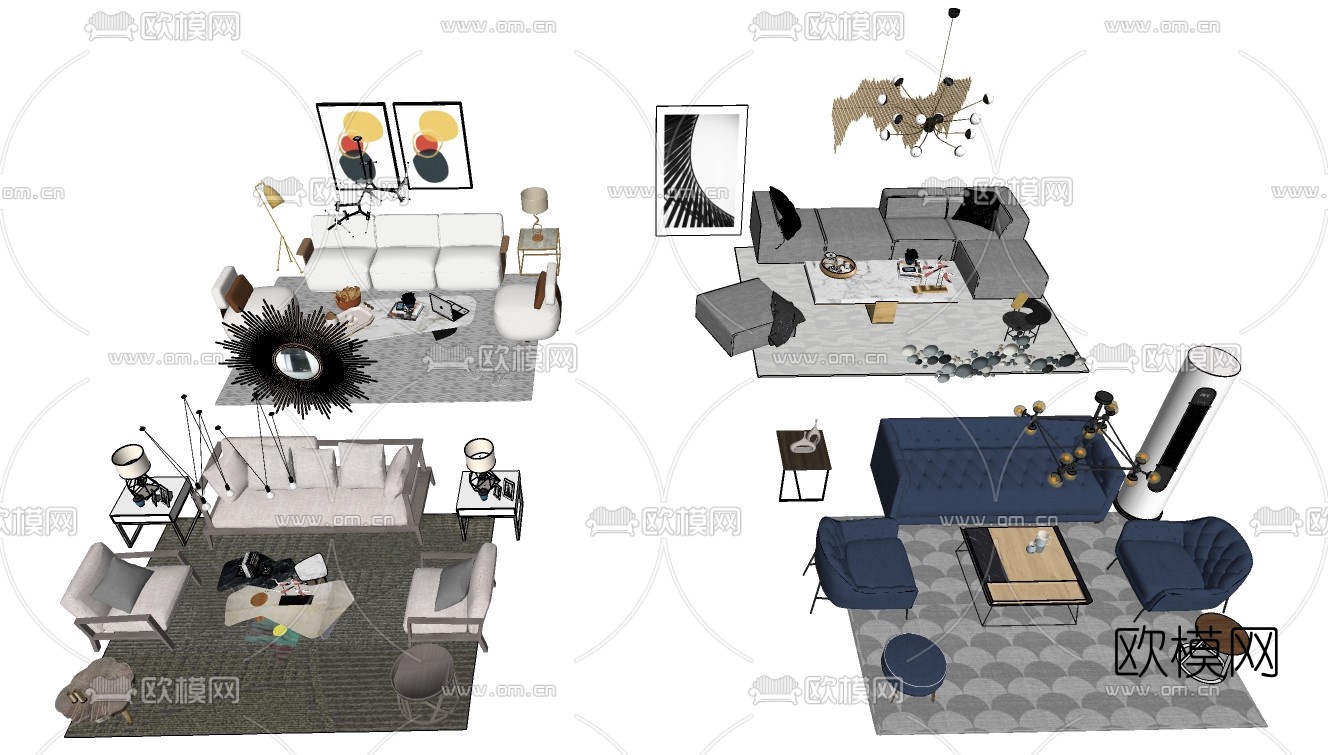 现代布艺组合沙发su模型下载（渲染图1）