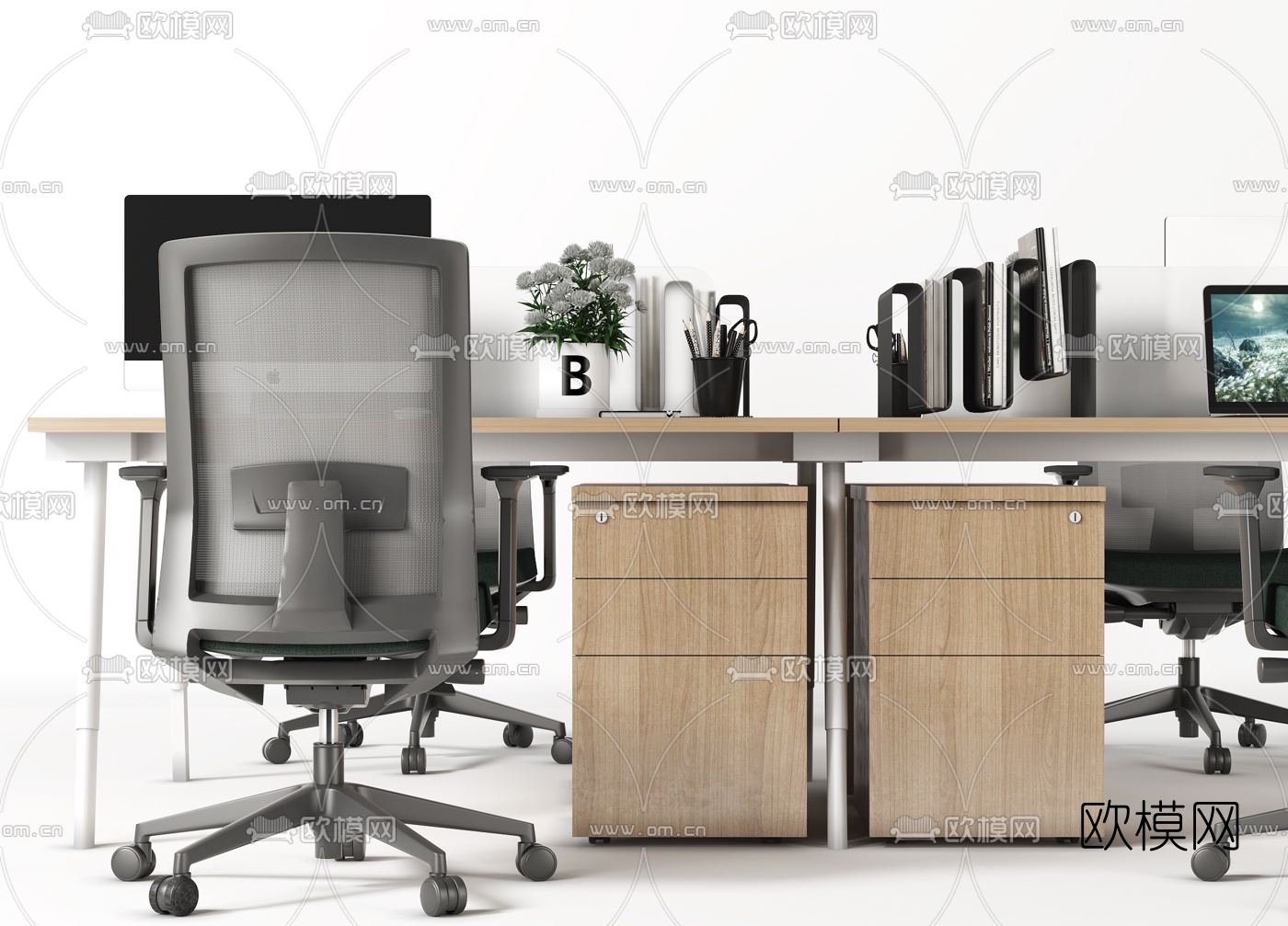 现代卡位办公桌椅3d模型下载（渲染图3）