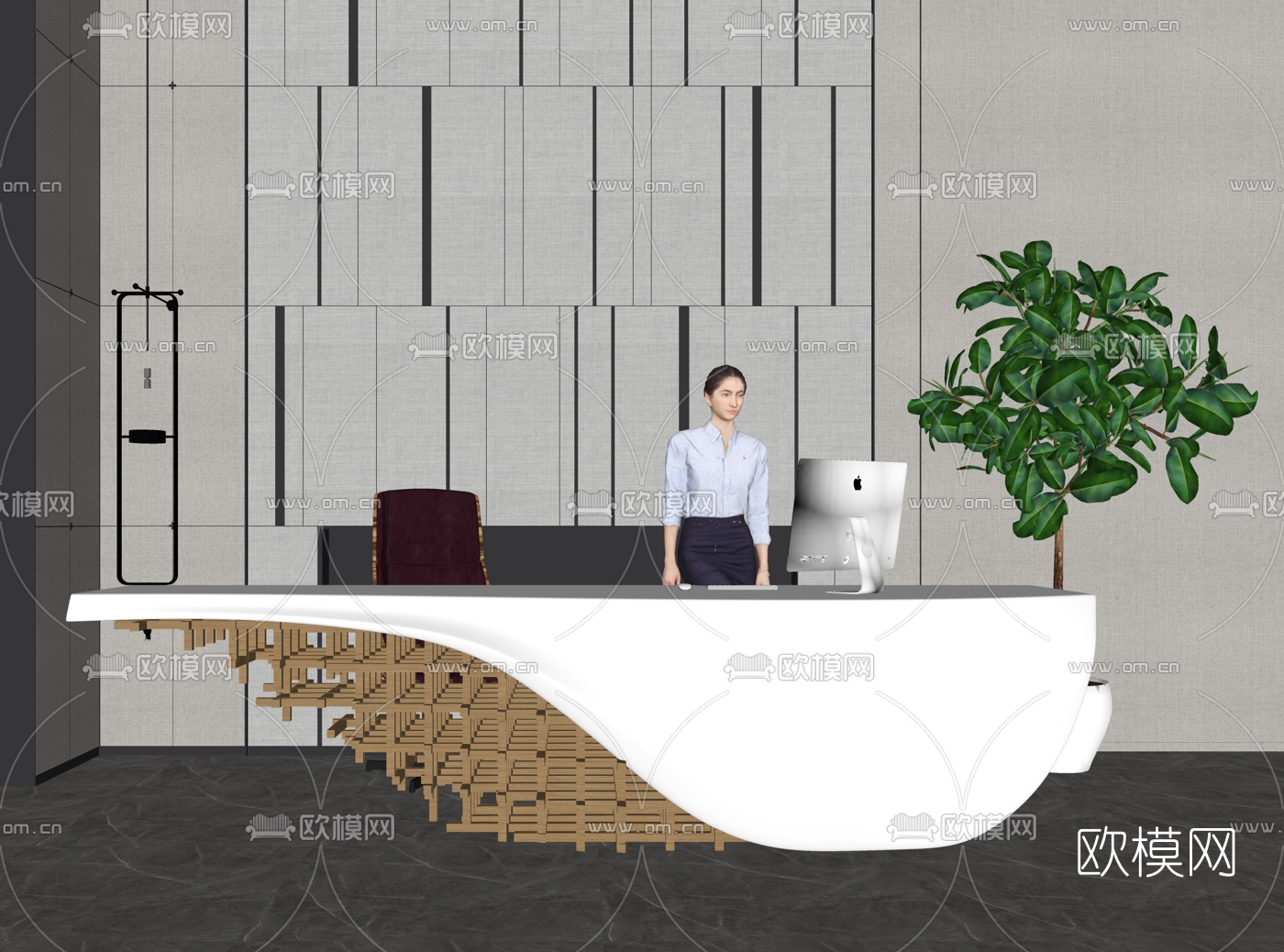 现代办公前台su模型下载（渲染图2）