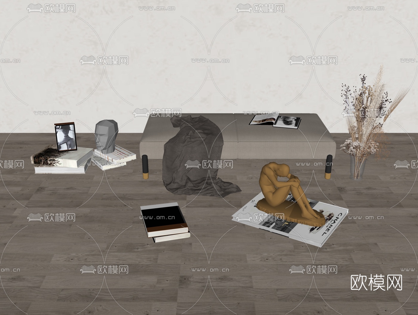 现代床尾凳脚踏su模型下载（渲染图2）