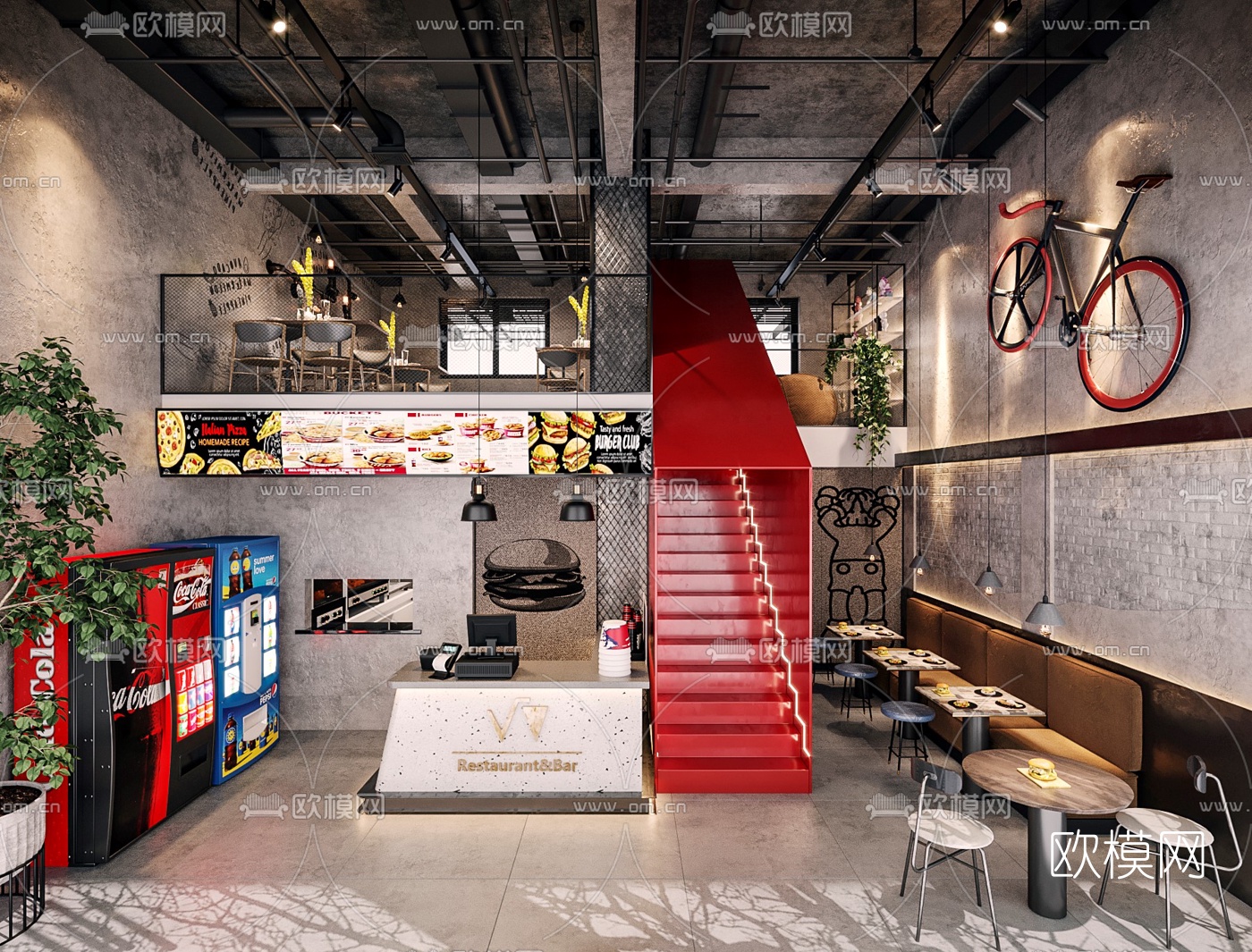 工业风复式汉堡店快餐店3d模型