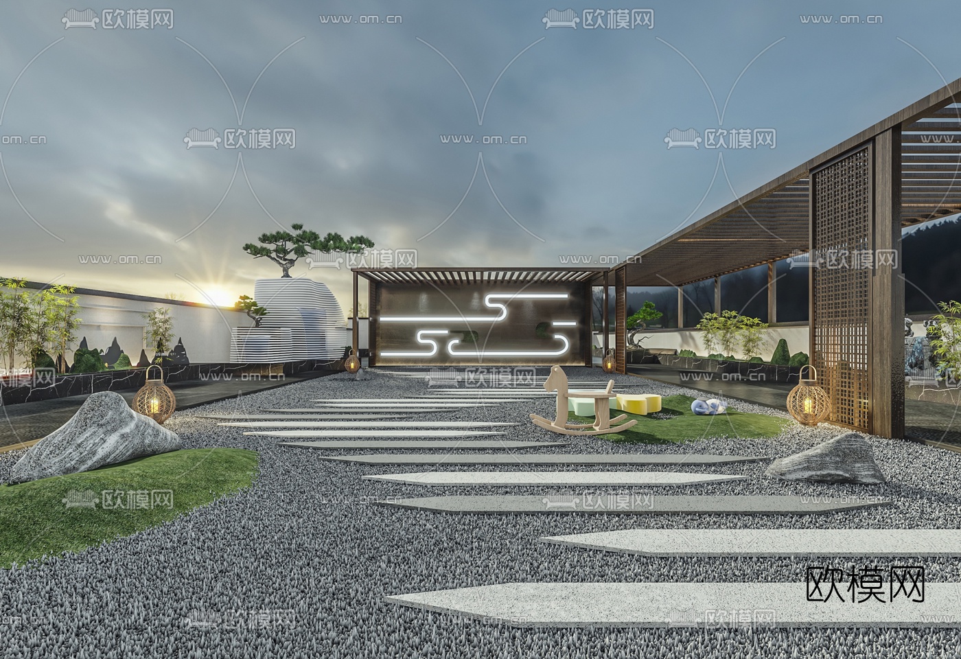 新中式别墅庭院花园3d模型