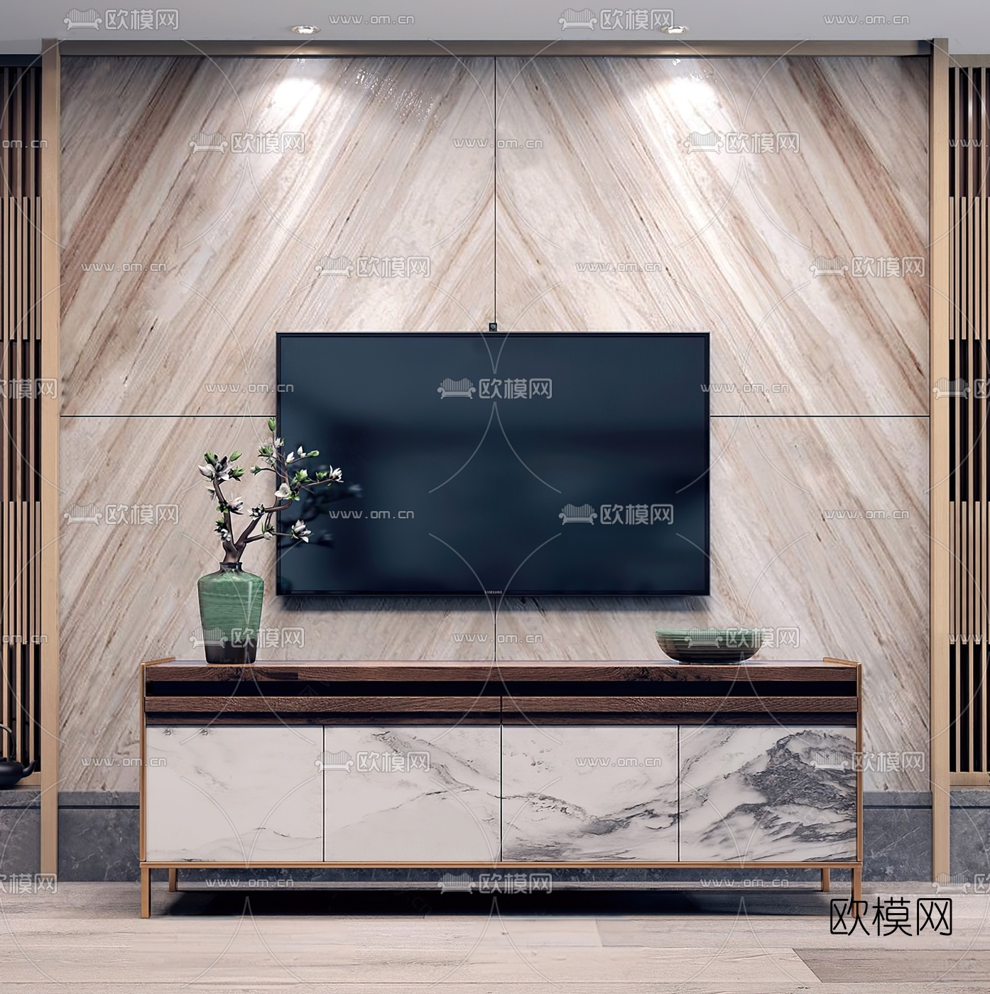 新中式大理石电视柜3d模型下载