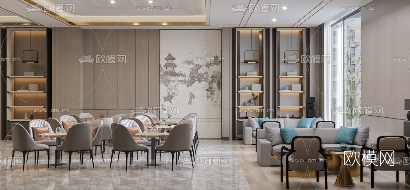 新中式轻奢售楼部洽谈区3d模型下载（渲染图2）