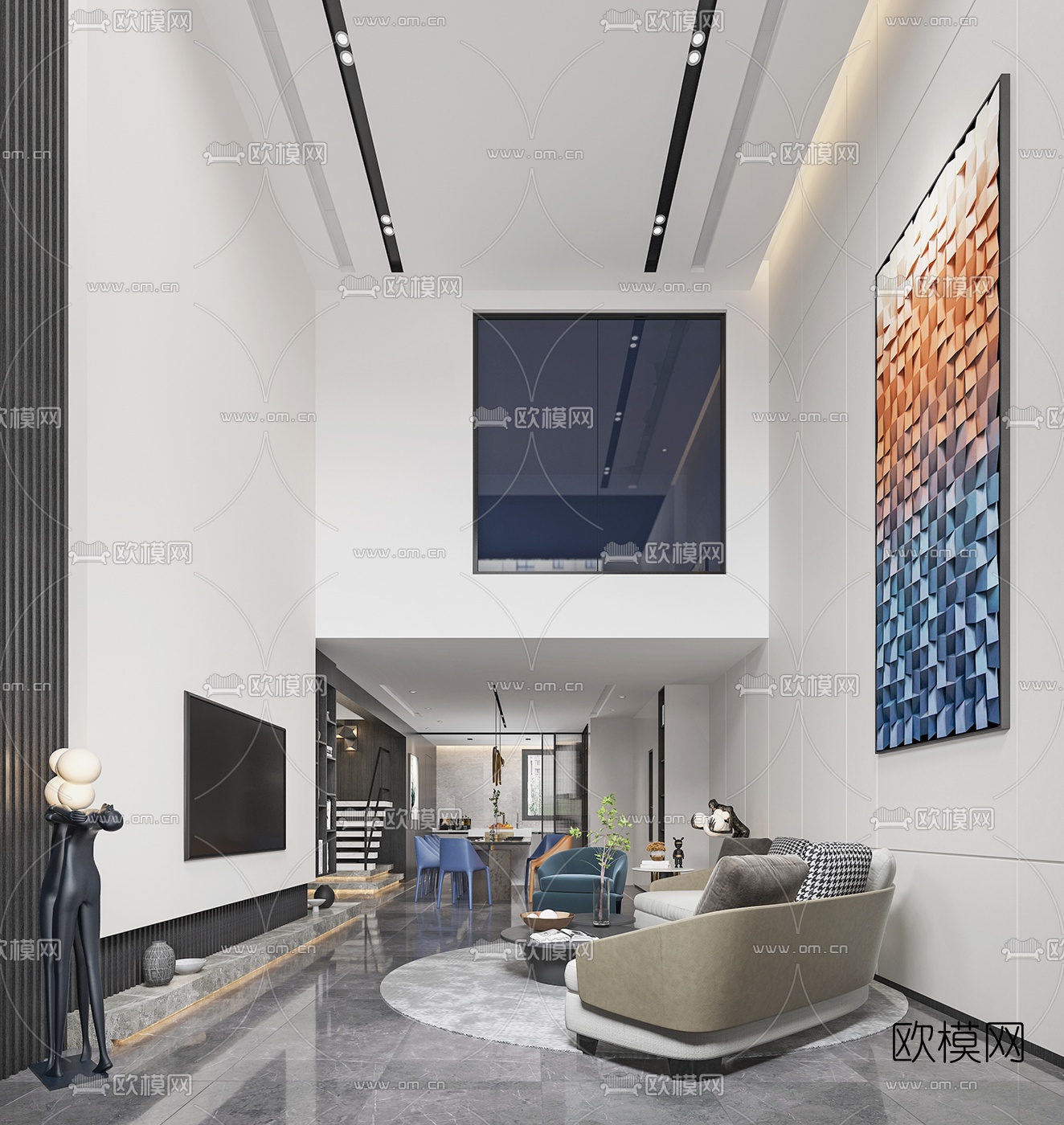 现代别墅客厅餐厅3d模型下载（渲染图1）