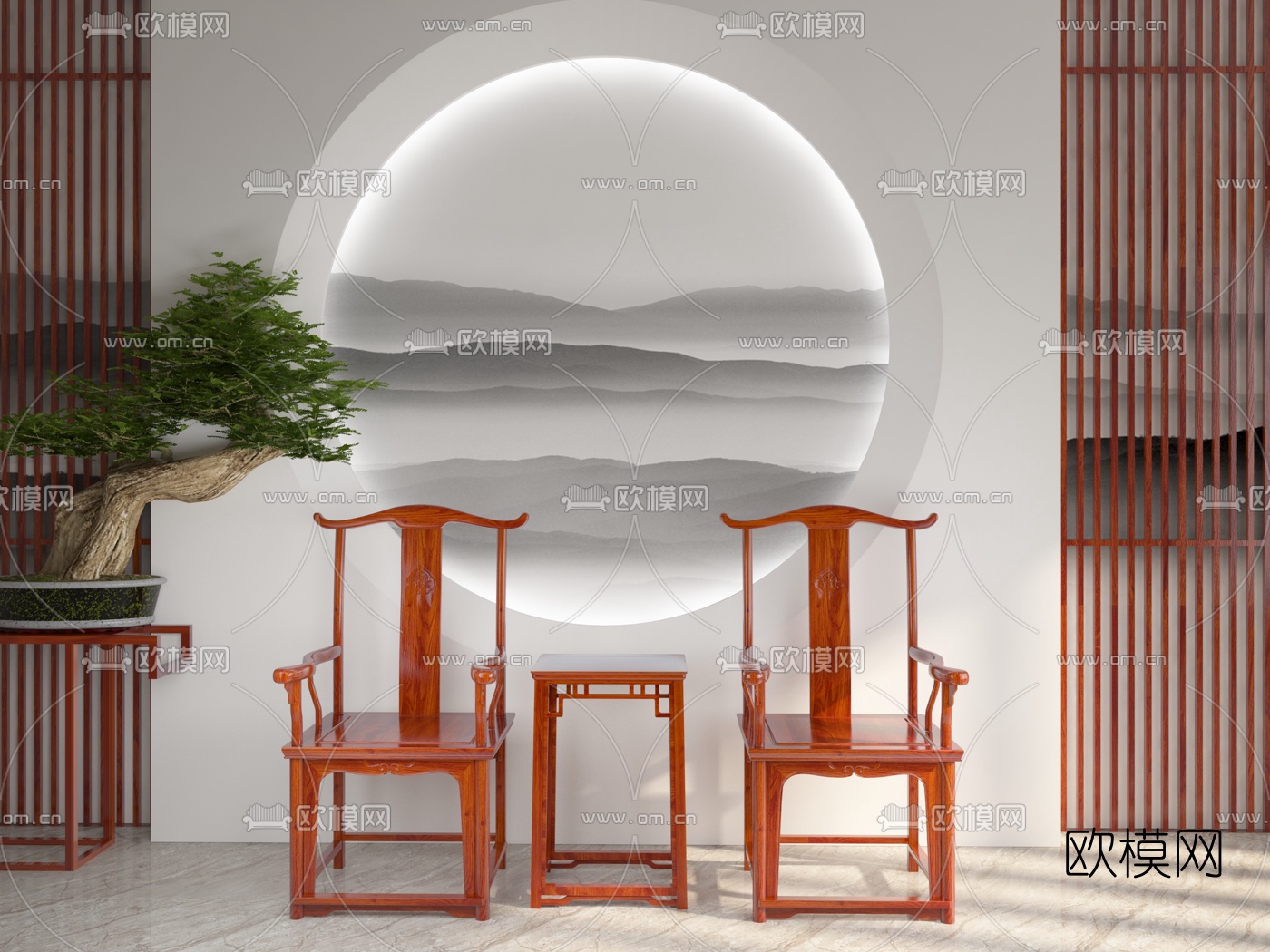 中式红木官帽椅3d模型下载（渲染图1）