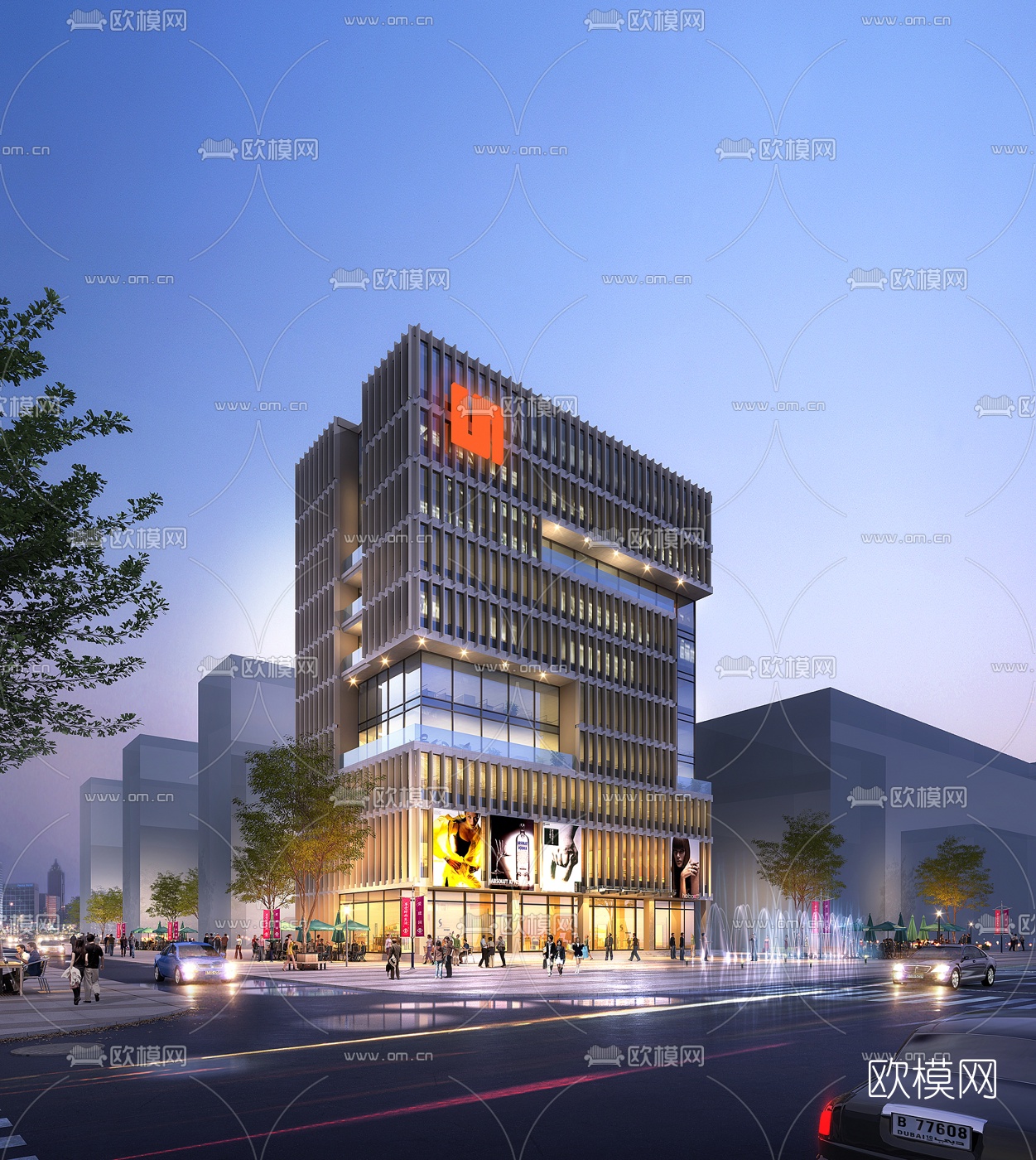 现代酒店外观夜景3d模型