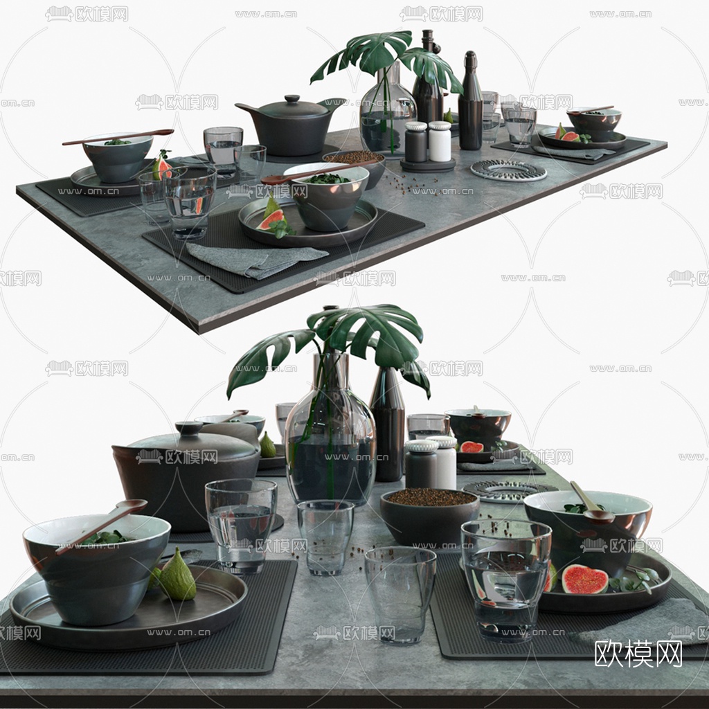 现代玻璃杯餐具3d模型下载（渲染图1）