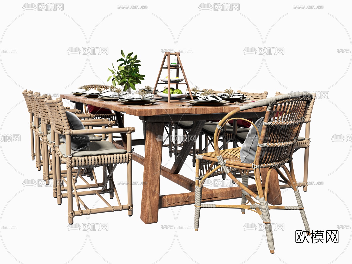 自然风原木方形餐桌椅3d模型下载（渲染图2）