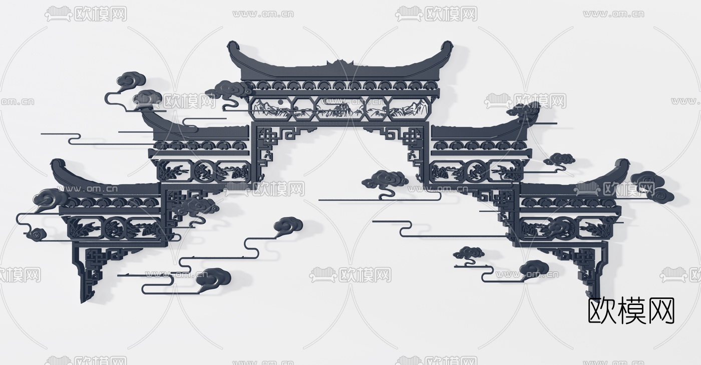 新中式屋檐雕花浮雕3d模型