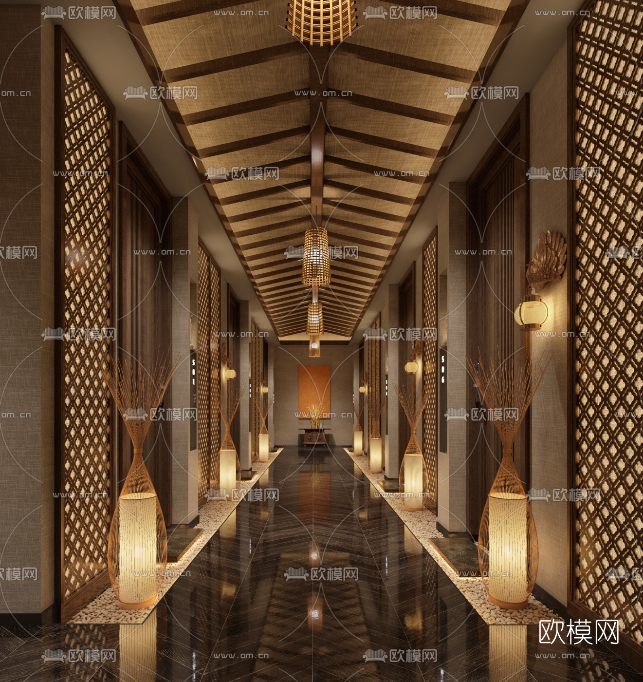 东南亚SPA会所走廊过道3d模型下载