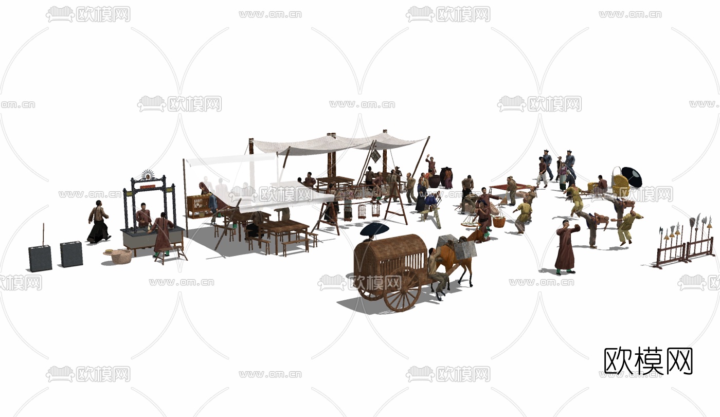 中式古代老街摊档su模型下载