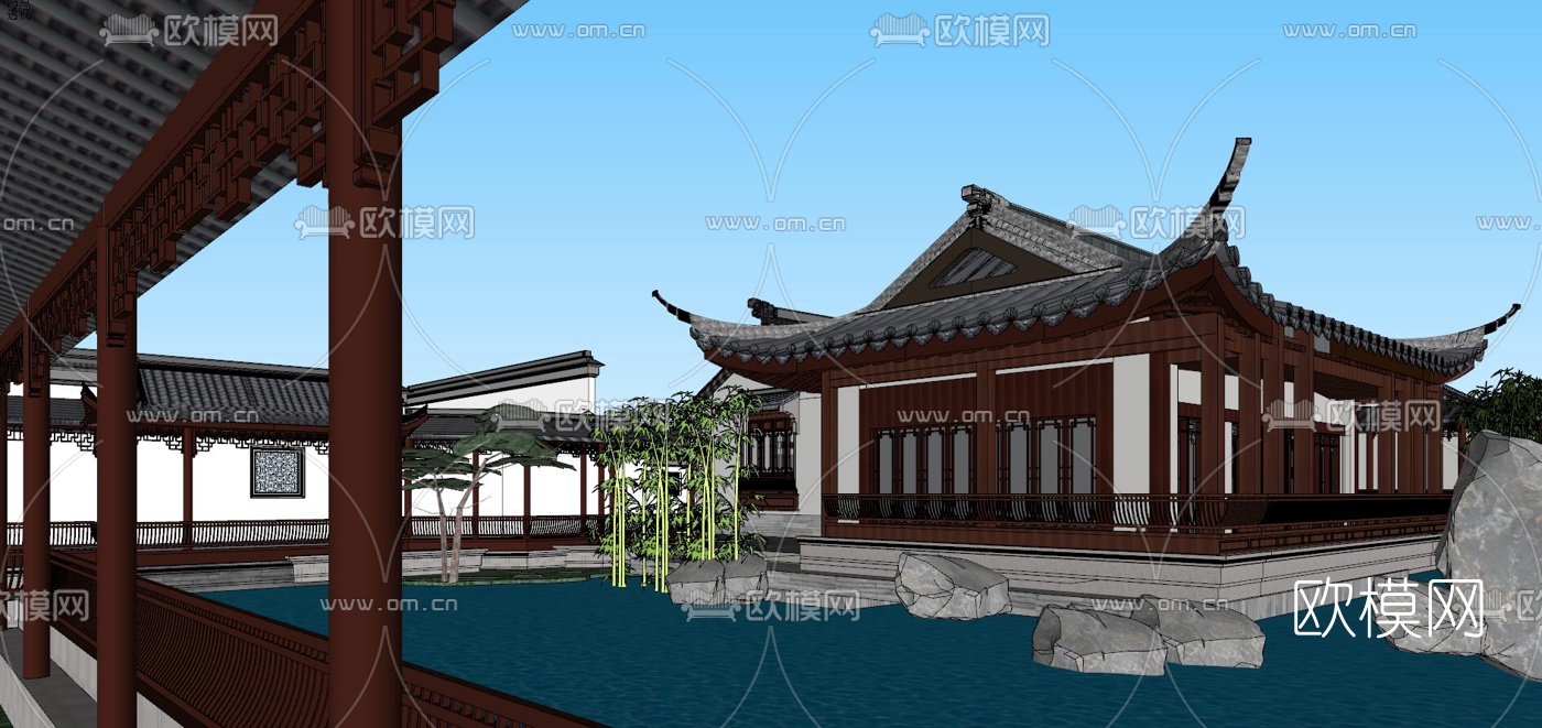 中式古建园林外观su模型