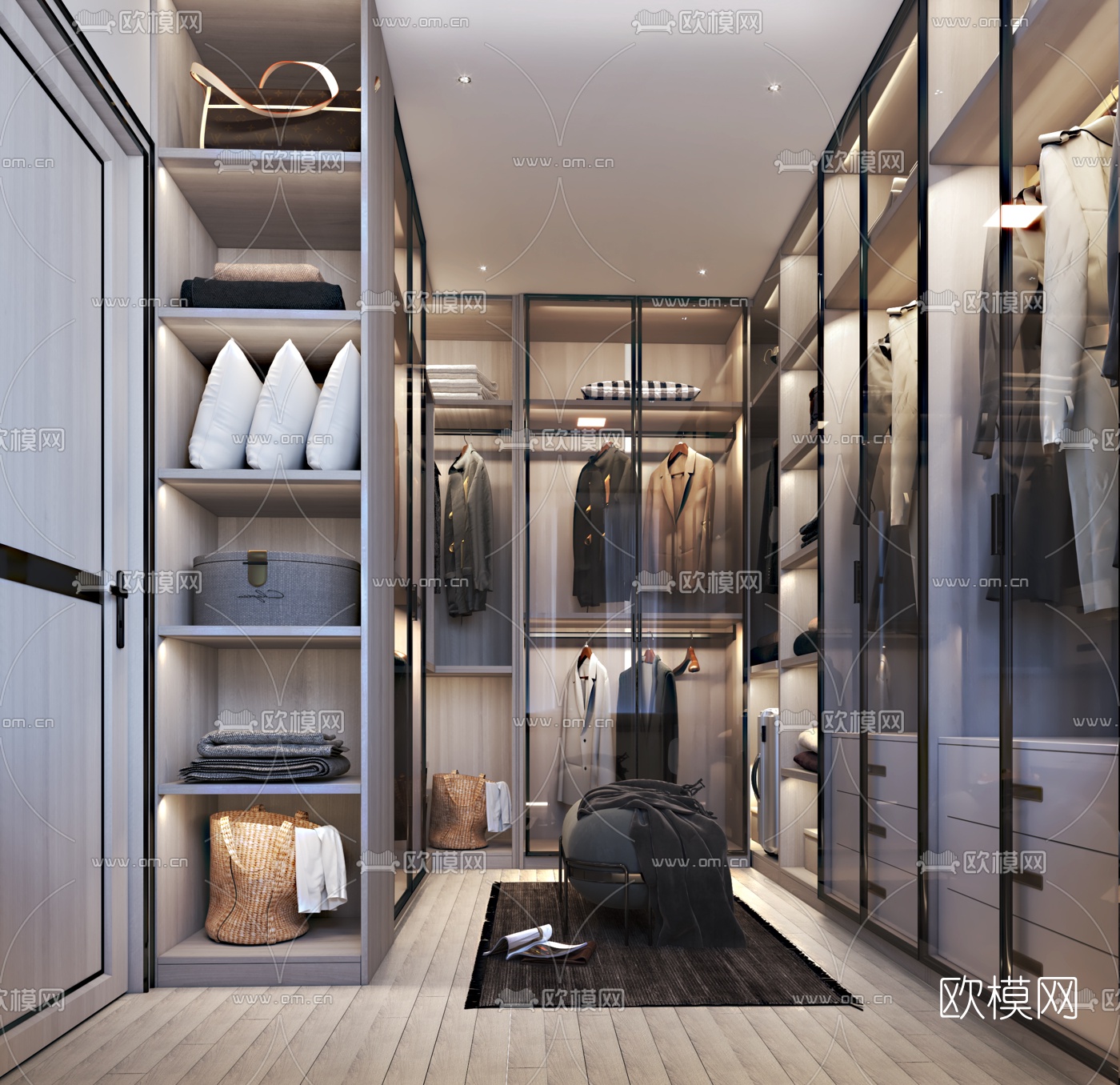 现代轻奢衣帽间3d模型下载（渲染图2）