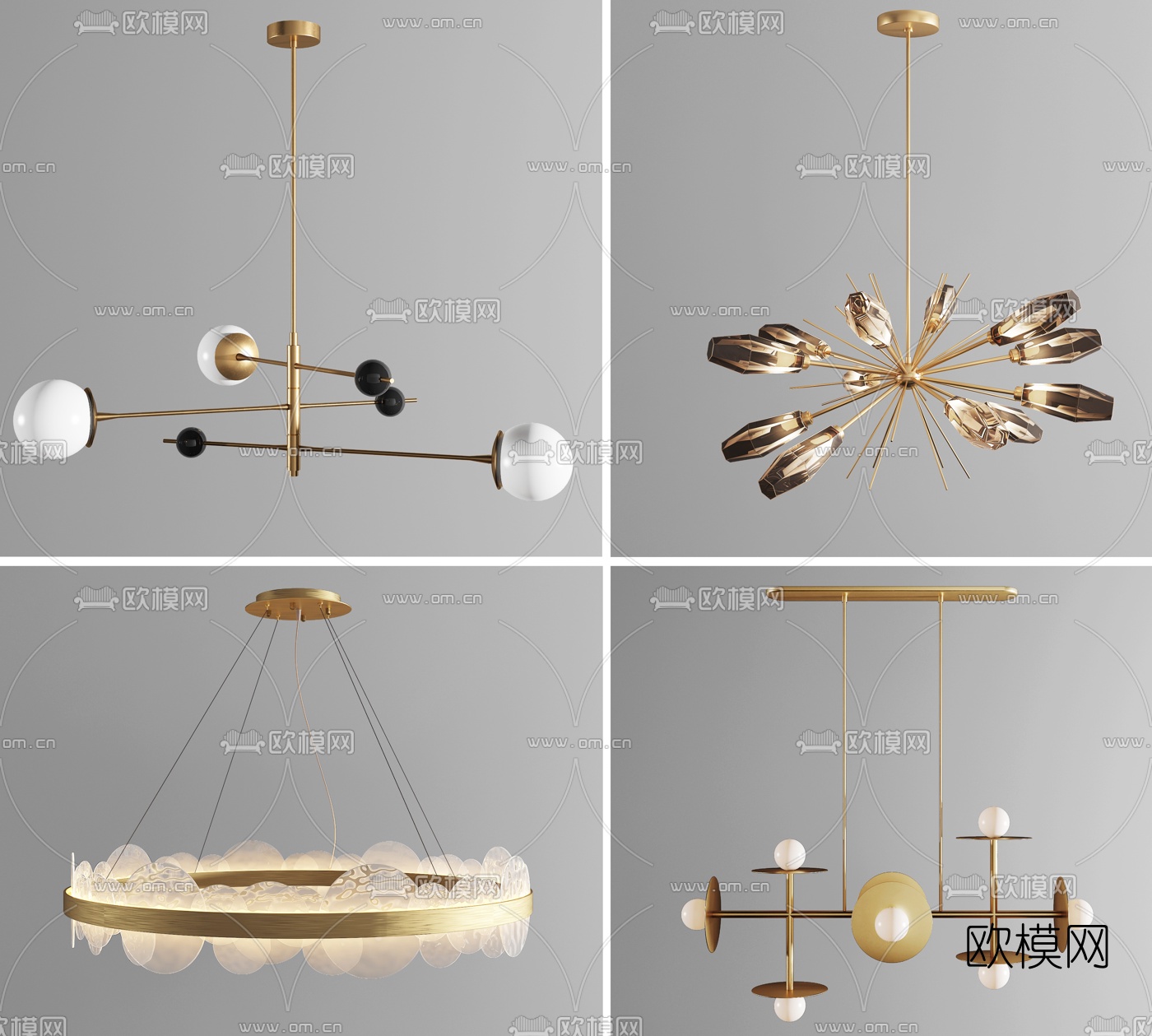 现代多头玫瑰金水晶吊灯组合3d模型下载