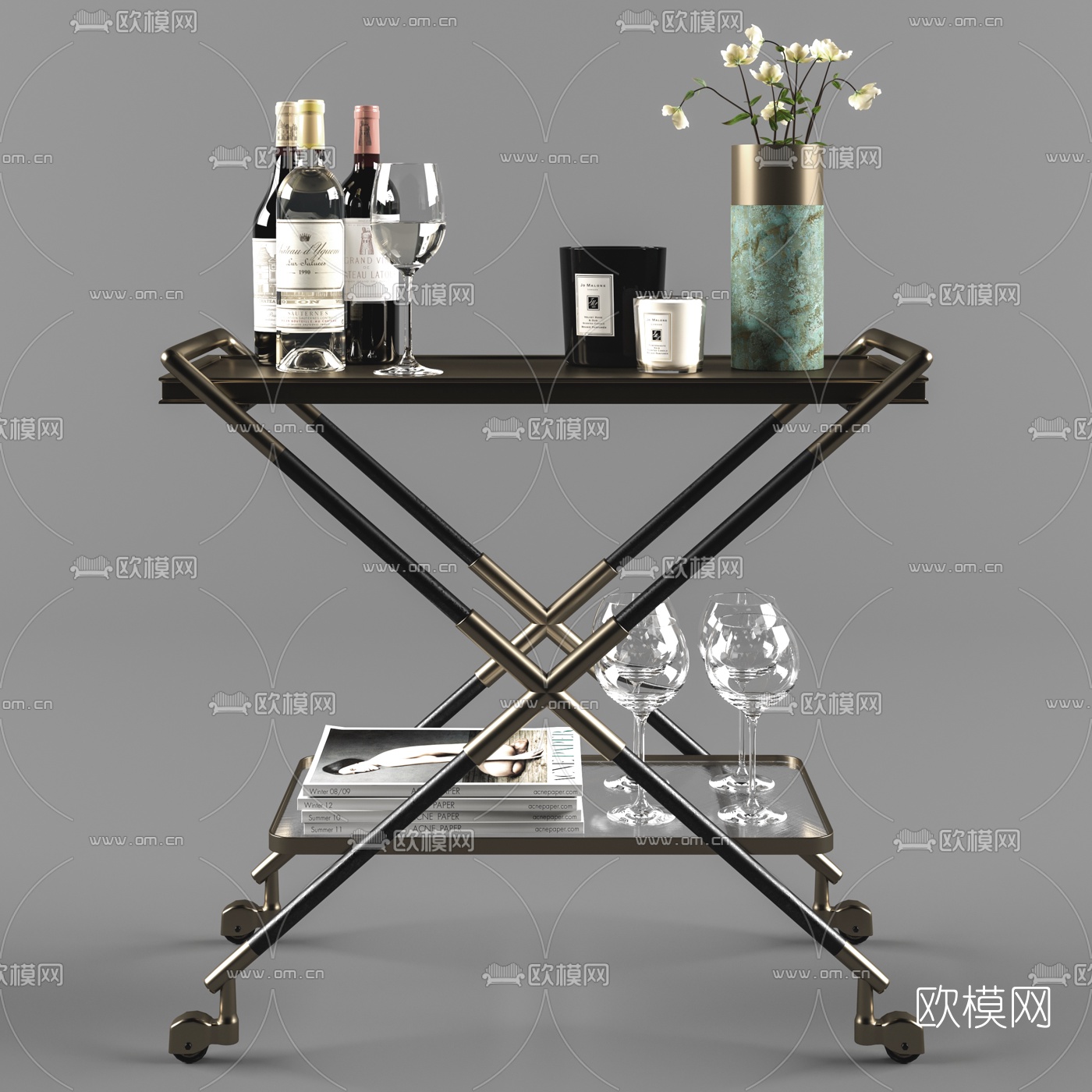 现代酒水推车备餐车3d模型下载（渲染图1）