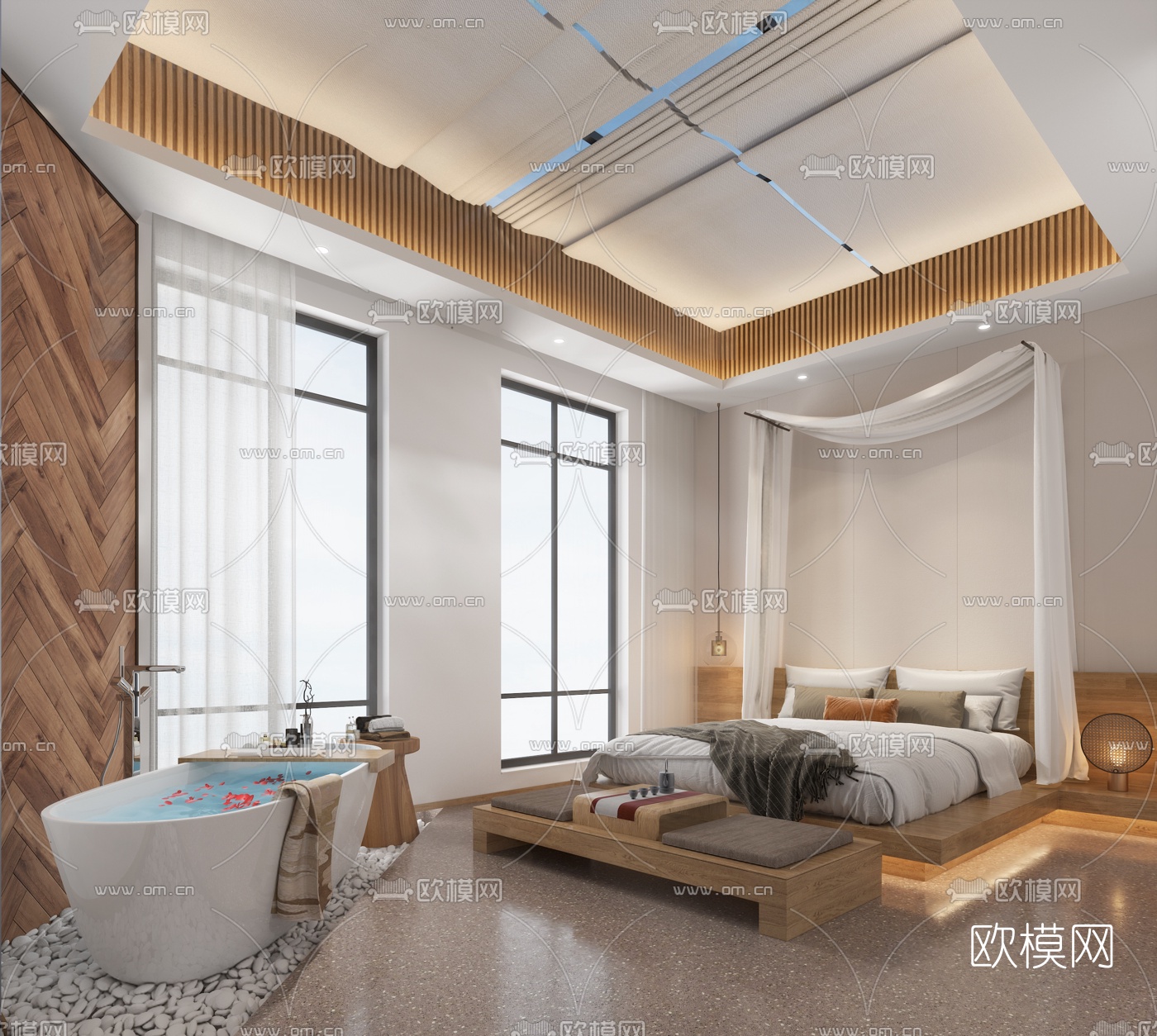 新中式民宿客房3d模型-免费3dmax模型库-欧模网
