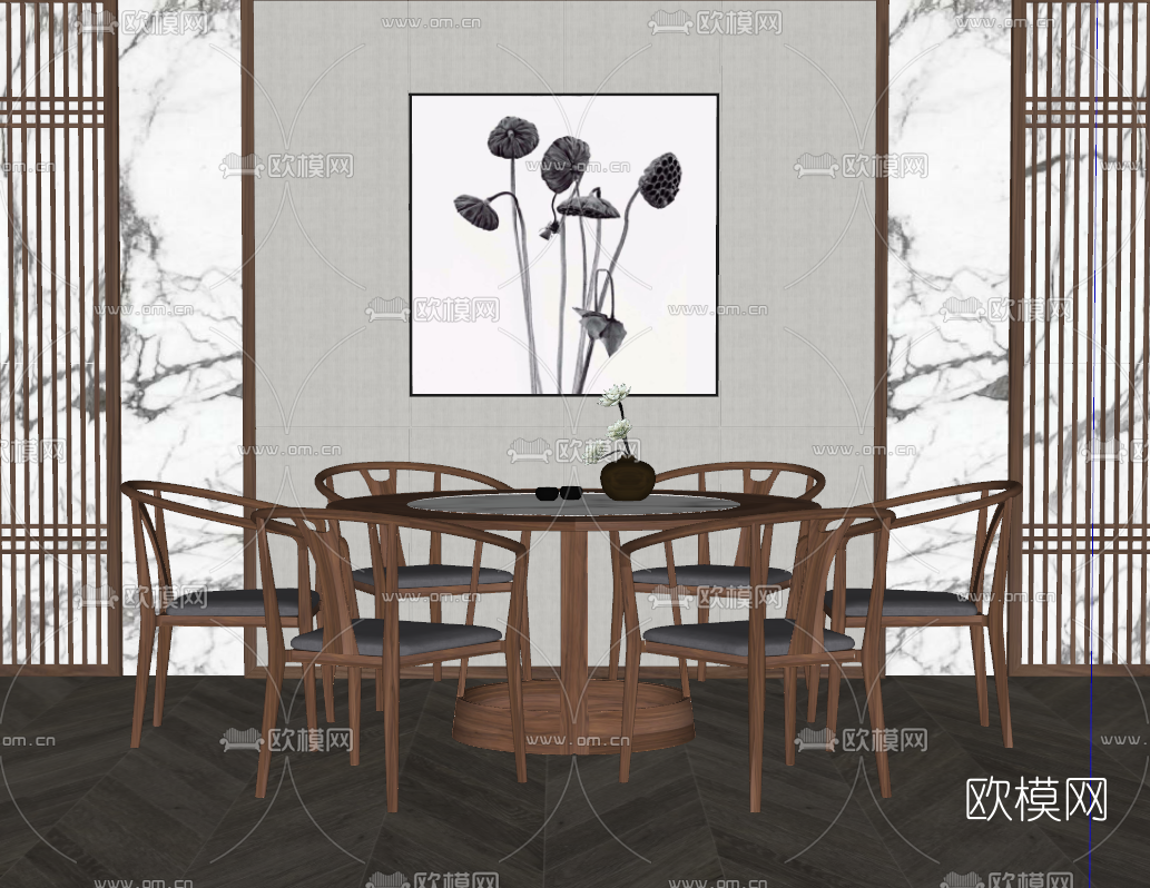 新中式餐桌椅su模型下载（渲染图2）